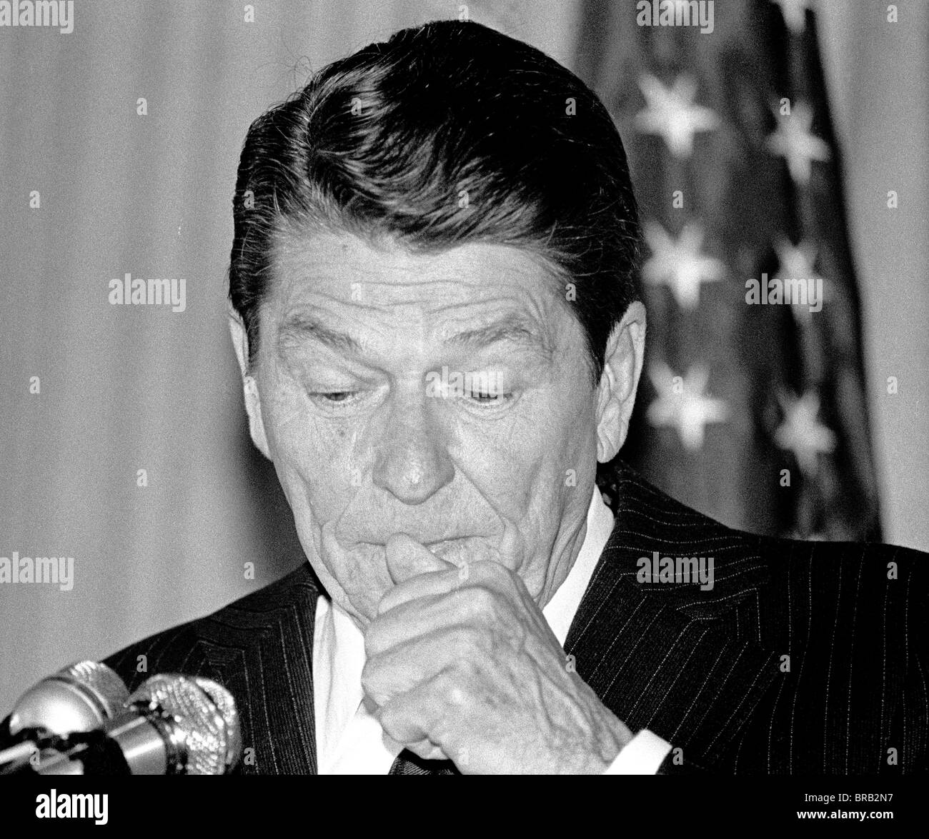 Il Presidente Ronald Reagan alla conferenza stampa tenutasi a San Francisco, California, il 9 maggio 1980. Foto Stock