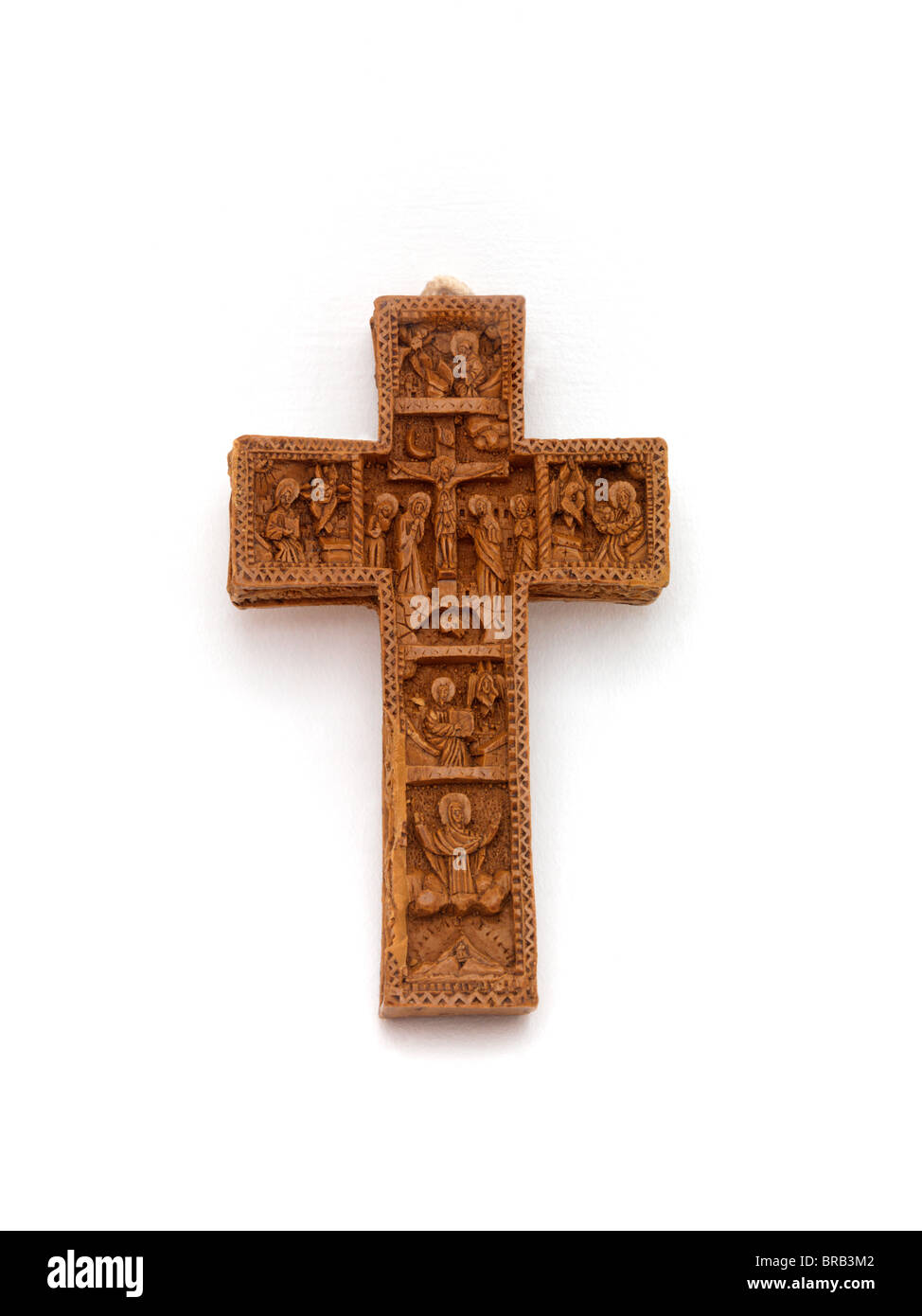 Crocifissione scolpito su una forma di croce candela dal Patmos Foto Stock