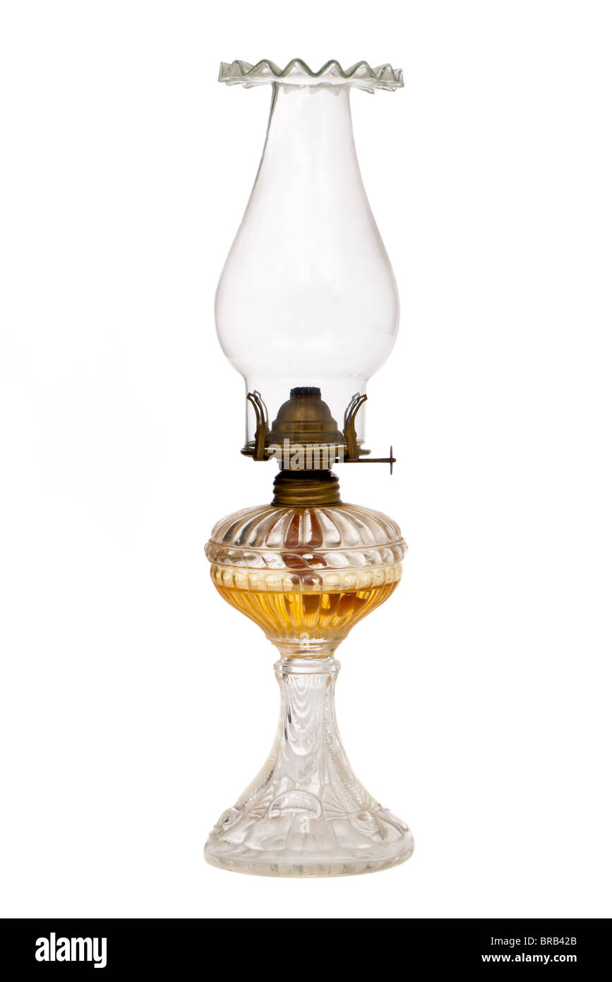 Vetro Antico lampada a petrolio con grande ciminiera Foto Stock