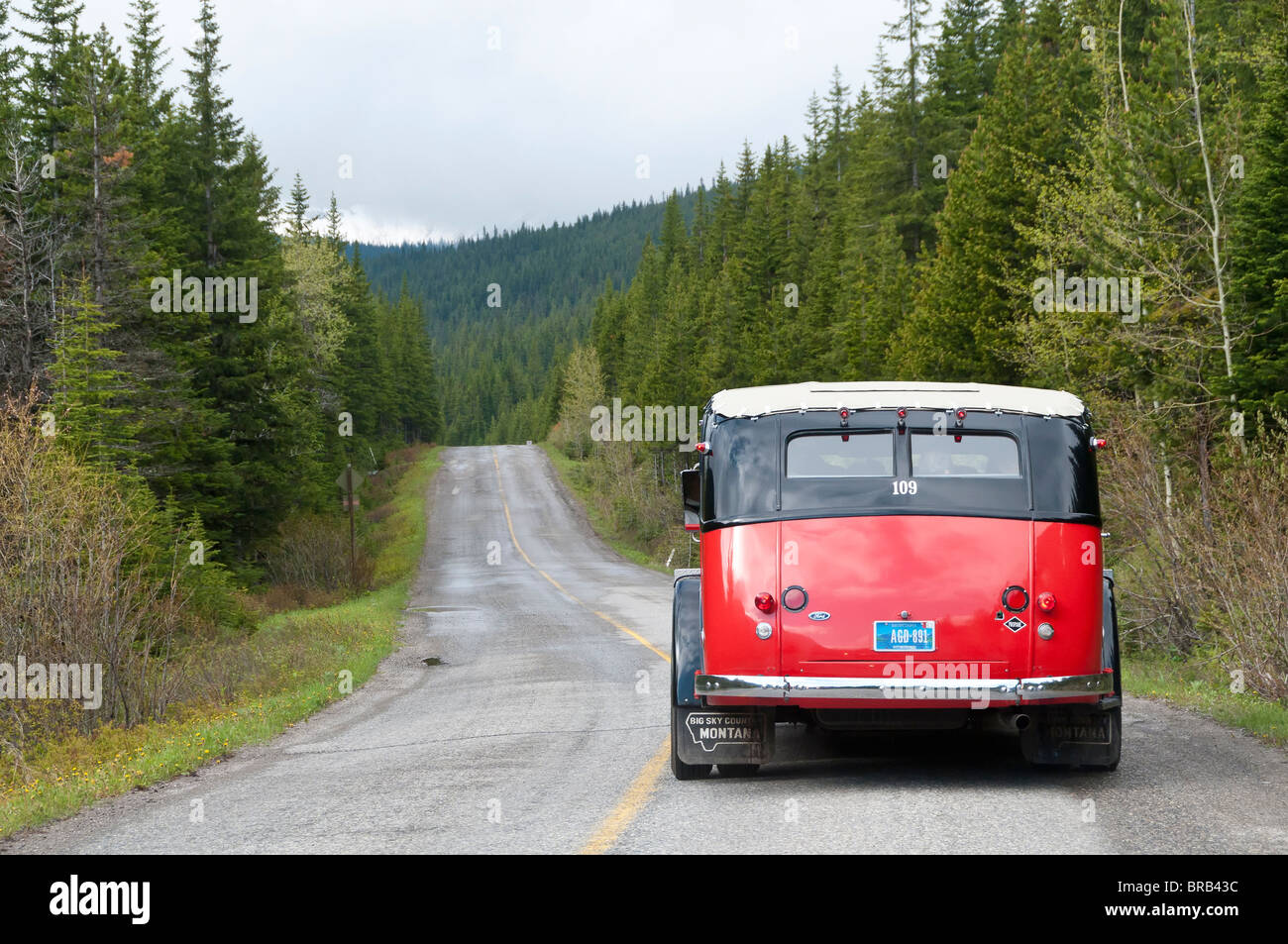 Bus rosso sulla strada per il Lago di Cameron, Parco Nazionale dei laghi di Waterton, Alberta, Canada. Foto Stock