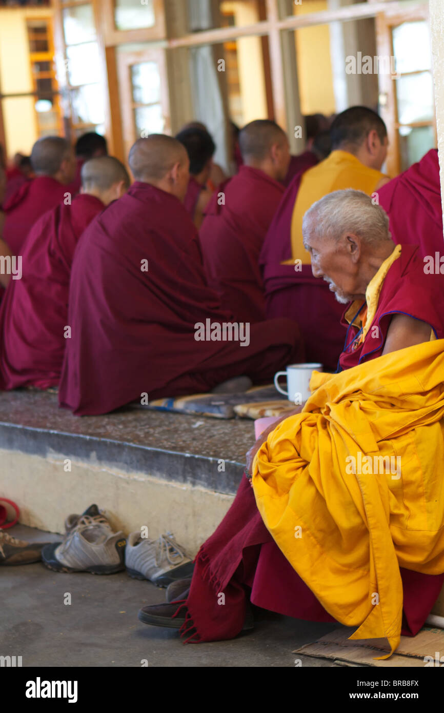 Seduto monaci del complesso tsuglagkhang Foto Stock