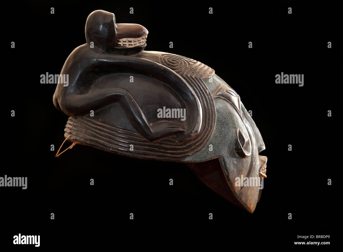 Legno scolpito tribale africana maschera, sparare dal lato, legno scuro con faccia dipinta, animale sulla testa che mostra i denti. Africa, Foto Stock