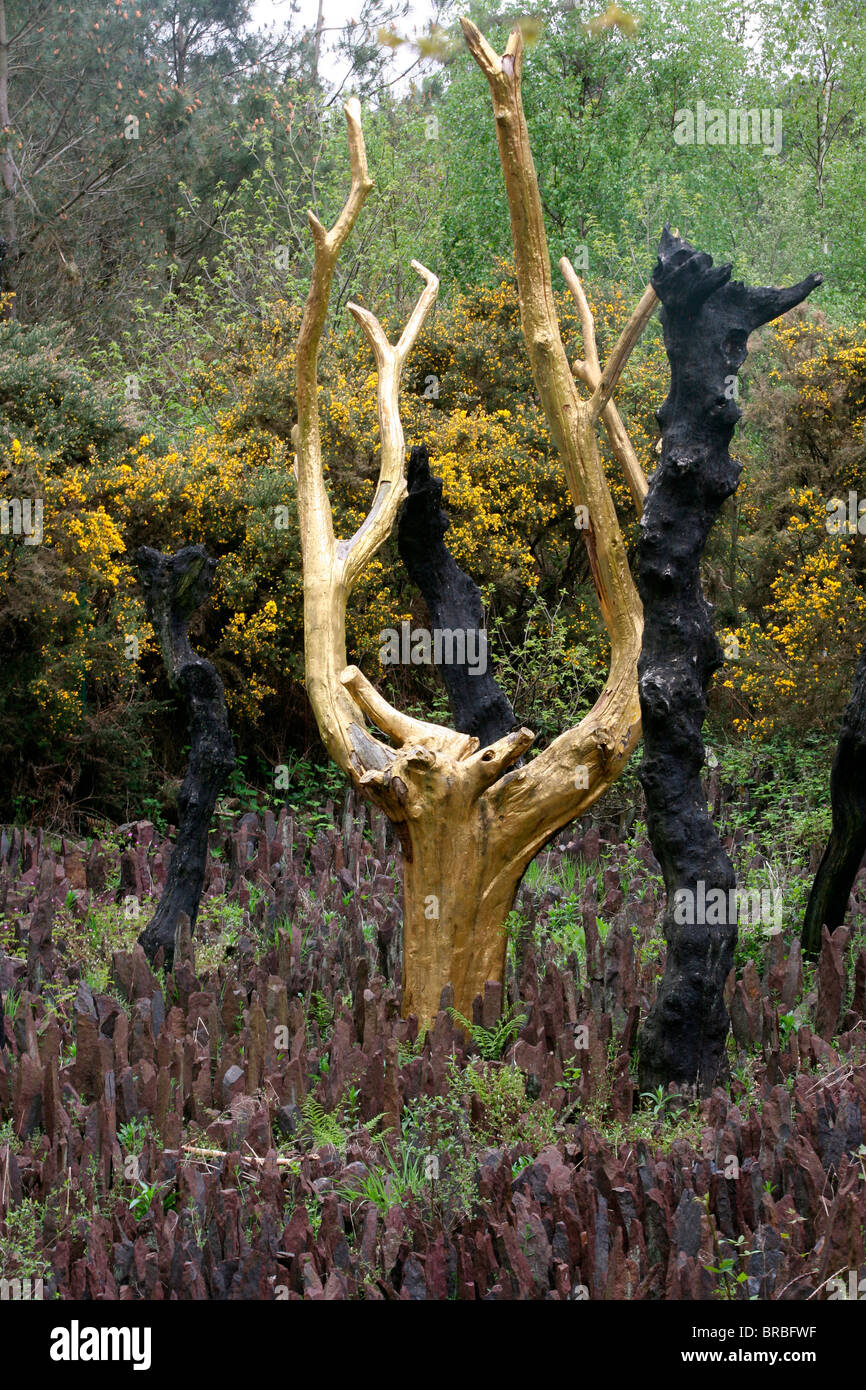 Nel cuore della Valle di Non Ritorno vi è il golden tree, Broceliande foresta, Threhorenteuc, Morbihan, in Bretagna, Francia Foto Stock