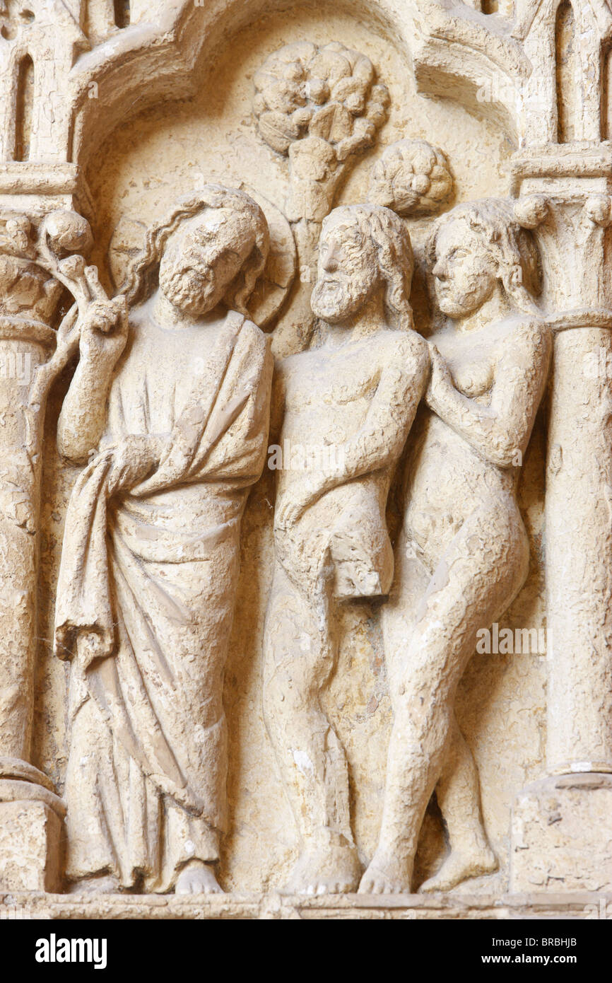 Adamo ed Eva, Cattedrale di Amiens, Sito Patrimonio Mondiale dell'UNESCO, Amiens, Somme, Francia Foto Stock