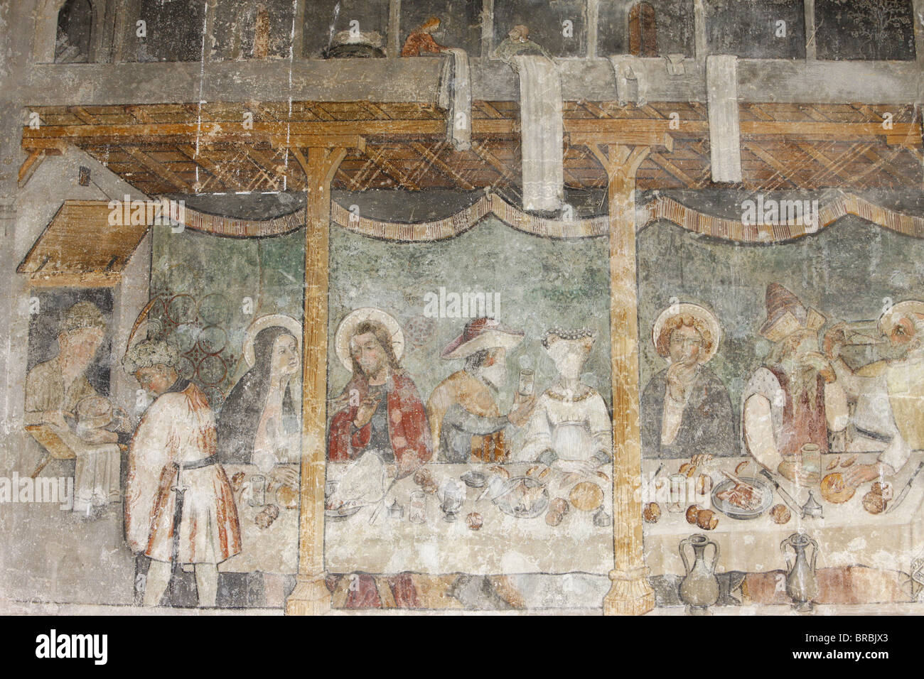 Affresco raffigurante le nozze di Cana, Abondance chiesa abbaziale, Abondance, Haute Savoie, Francia Foto Stock