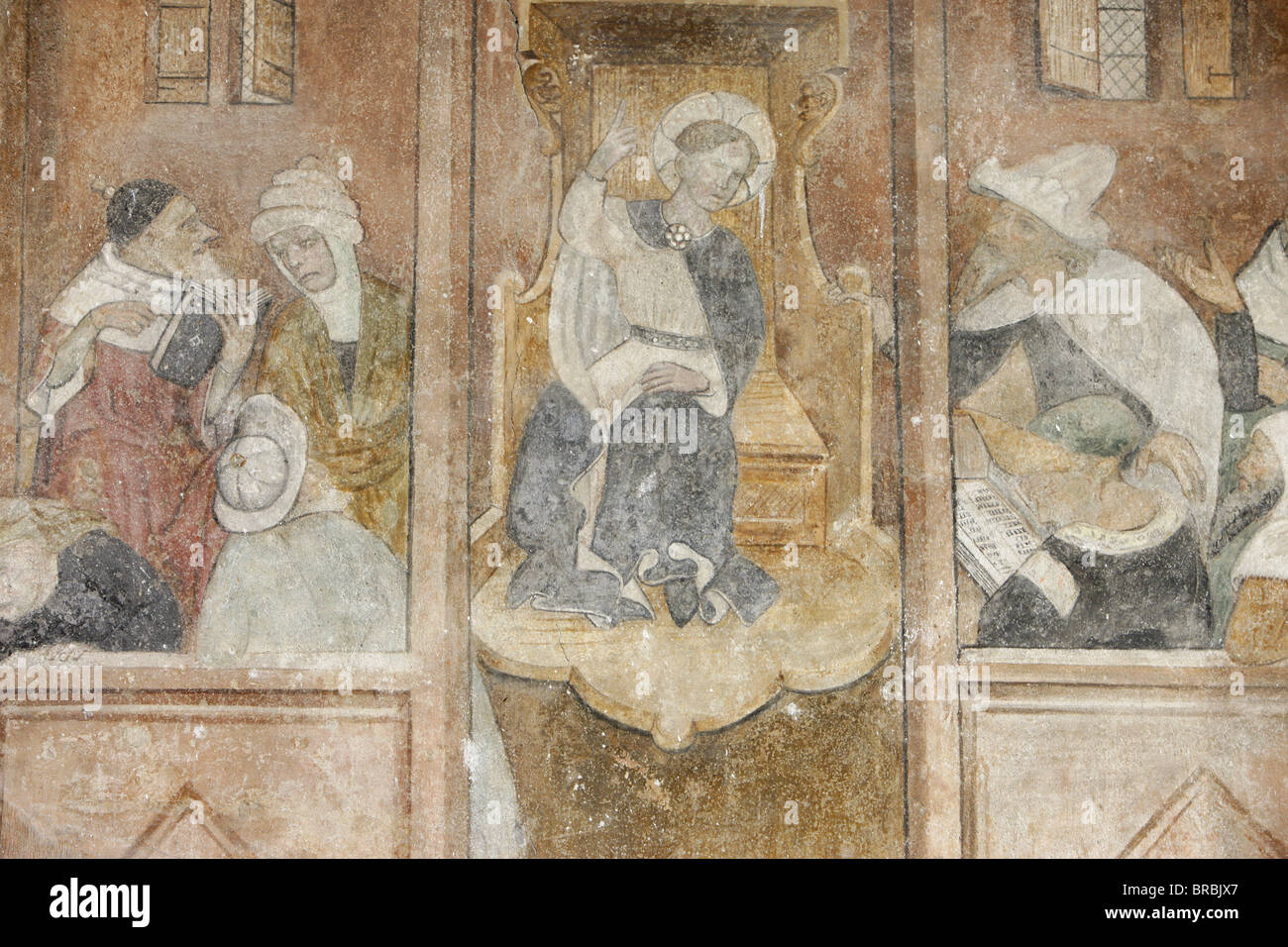 Affresco di Gesù con i rabbini, Abondance chiesa abbaziale, Abondance, Haute Savoie, Francia Foto Stock