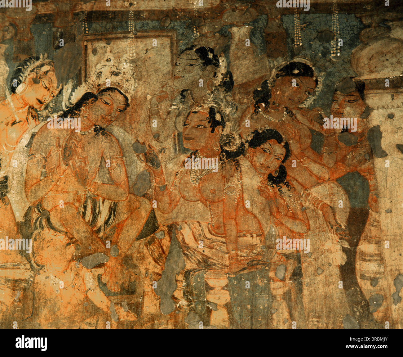 Dettaglio del Murale che raffigura il re e la regina, all'interno della grotta No.1, Ajanta, Sito Patrimonio Mondiale dell'UNESCO, Maharashtra, India Foto Stock