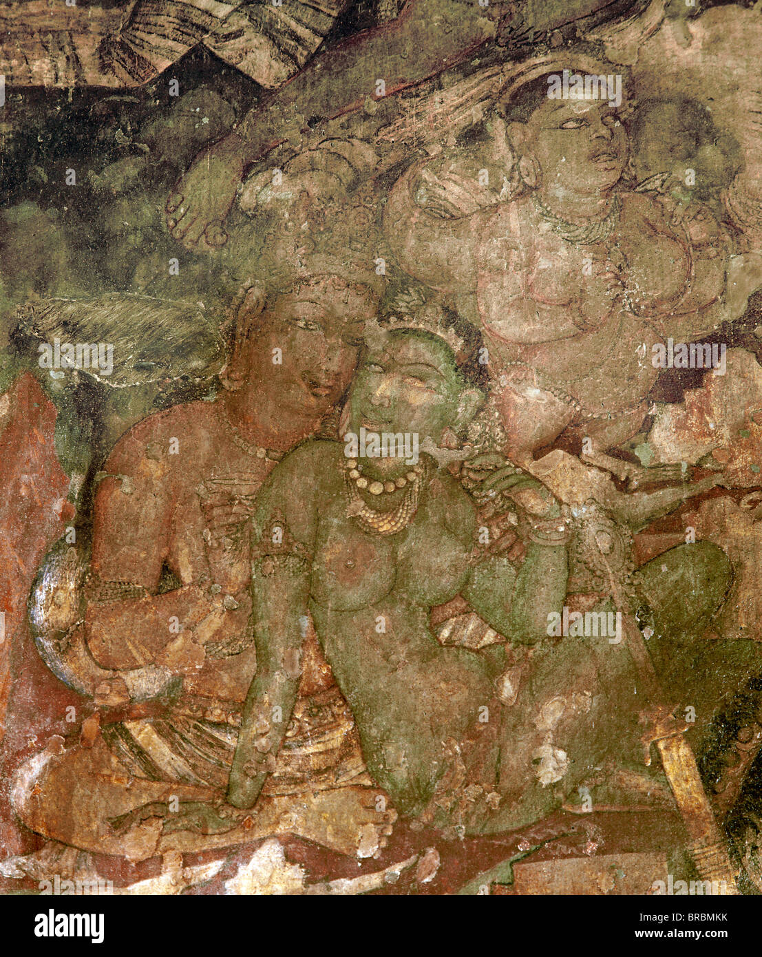 Dettaglio del murale all'interno della grotta No.1, Ajanta, Sito Patrimonio Mondiale dell'UNESCO, Maharashtra, India Foto Stock