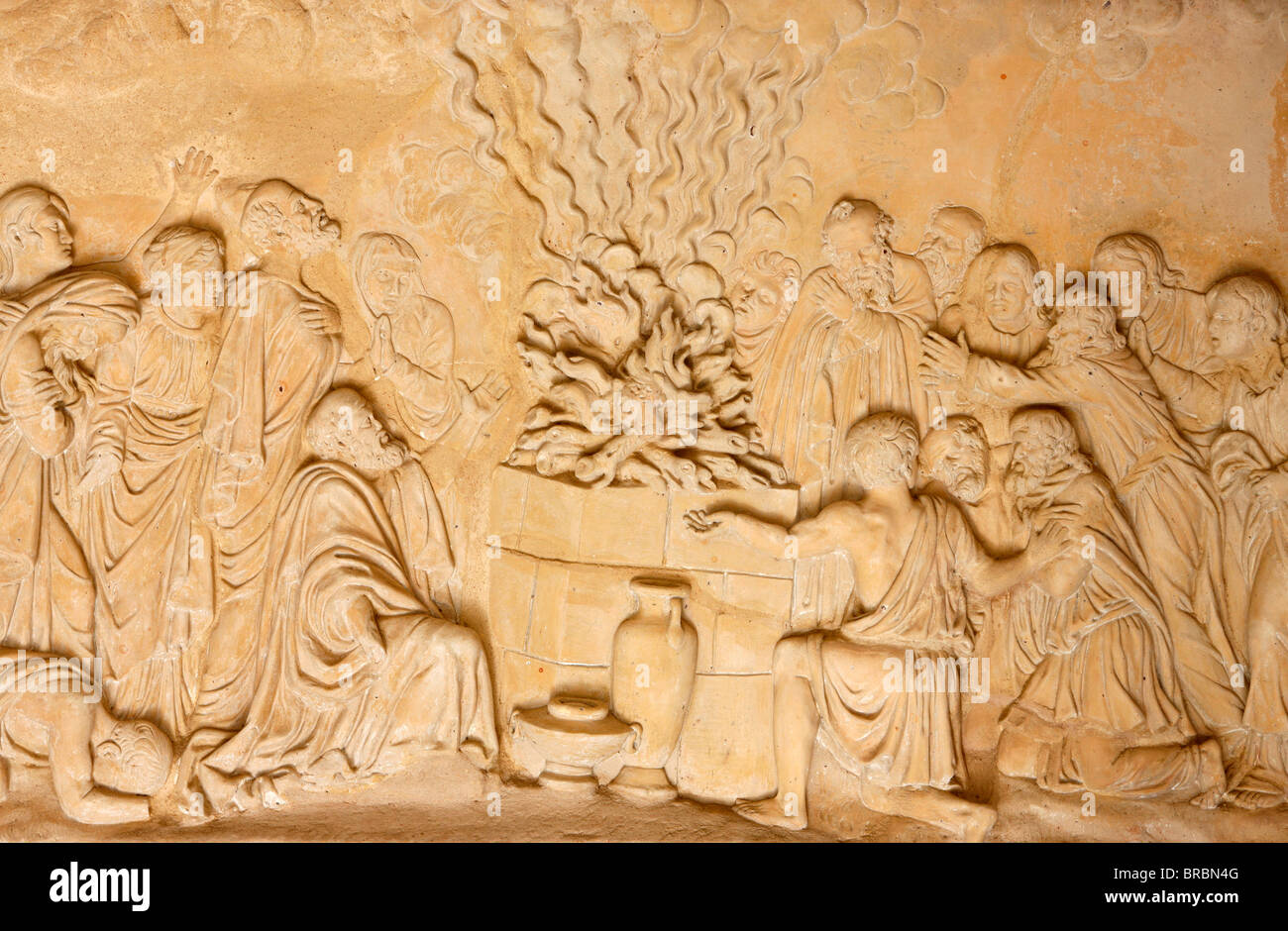 La scultura raffigurante i sacerdoti di Baal a El Muhraqa, Israele Foto Stock