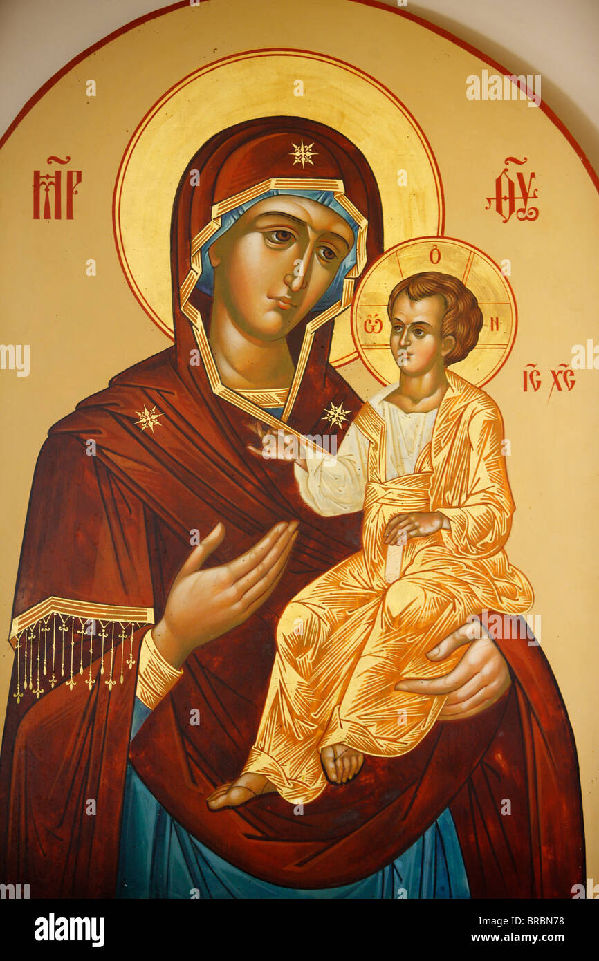 Icona della Vergine e il bambino in Maria Maddalena chiesa russa ortodossa sul Monte degli Ulivi, Gerusalemme, Israele Foto Stock
