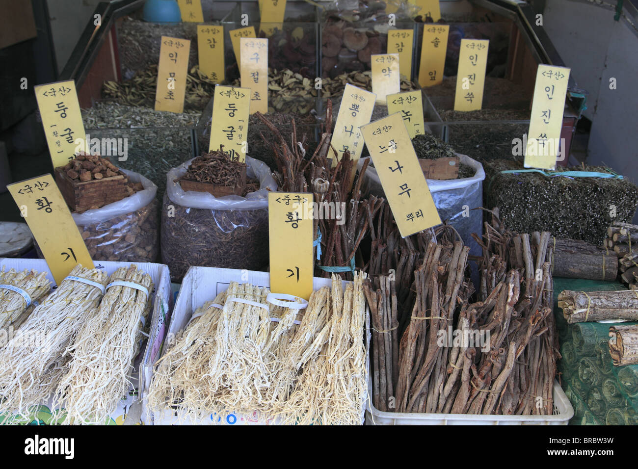 Rimedi a base di erbe, Gyeongdong mercato asiatico più grande mercato di medicina in Corea, Seoul, Corea del Sud Foto Stock