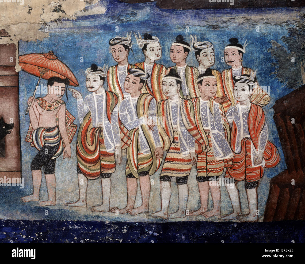 Dettaglio di Thai Yai (Shan) uomini, parte dei dipinti murali del cantato Thong Tales, Viharn Laikam al Wat Phra Singh, Chiang Mai, Thailandia Foto Stock