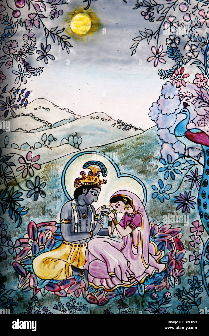 Il vetro macchiato di Krishna e rada nel Tempio ISKCON, London, England, Regno Unito Foto Stock