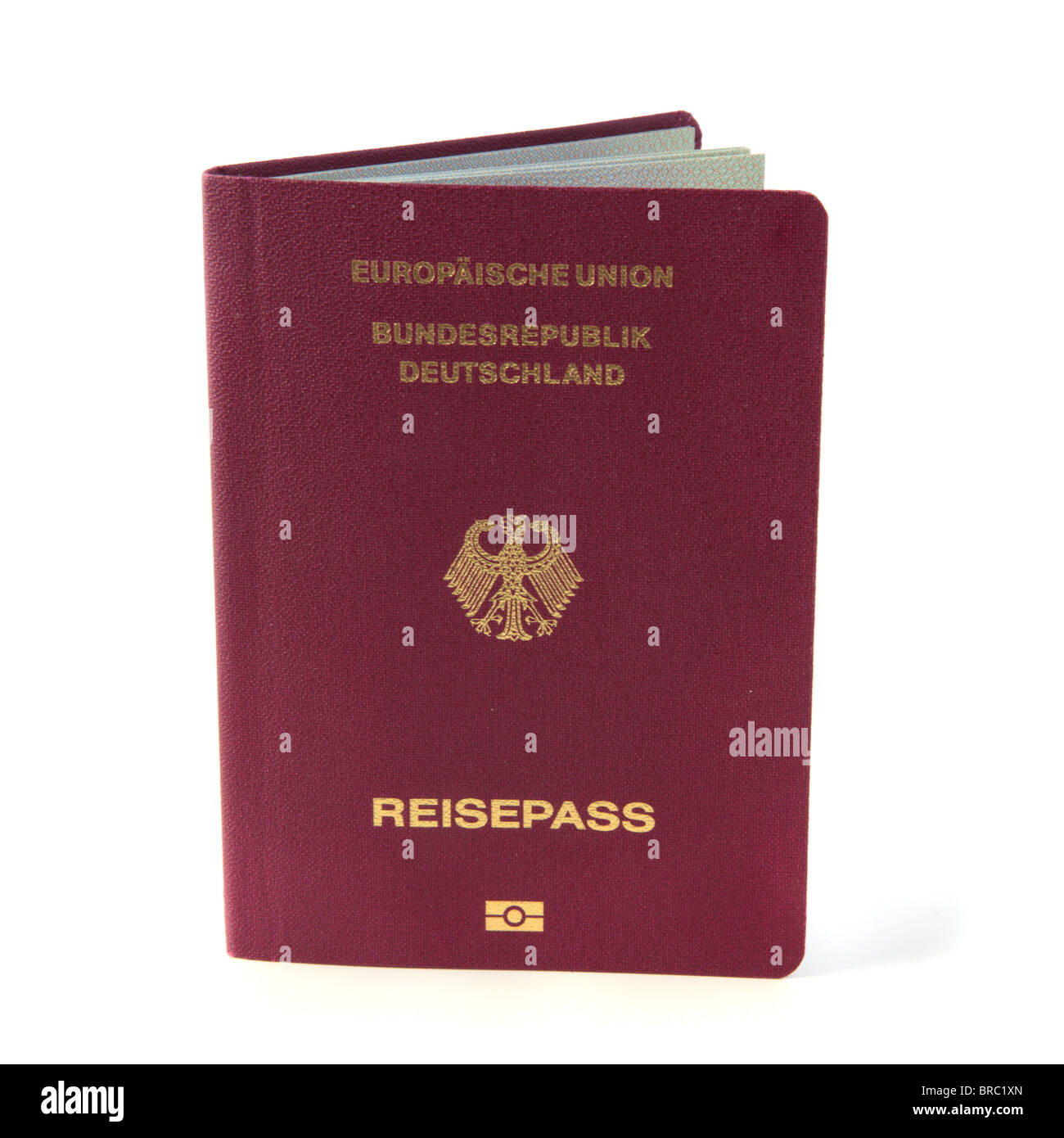 Un tipico moderno passaporto tedesco compresi i dati biometrici. Tutti gli isolati su sfondo bianco. Foto Stock