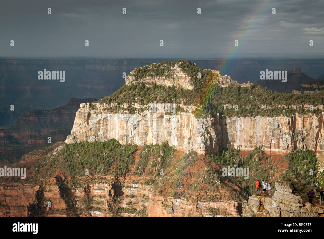 Le persone che ricercano un arcobaleno sul Grand Canyon North Rim, Arizona USA Foto Stock
