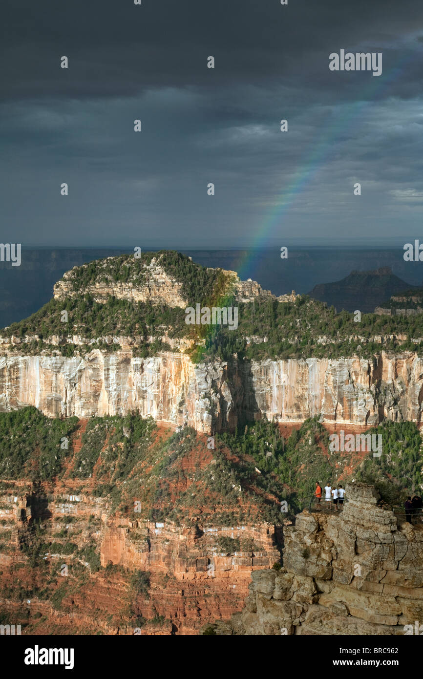 Le persone che ricercano un arcobaleno sul Grand Canyon North Rim, Arizona USA Foto Stock