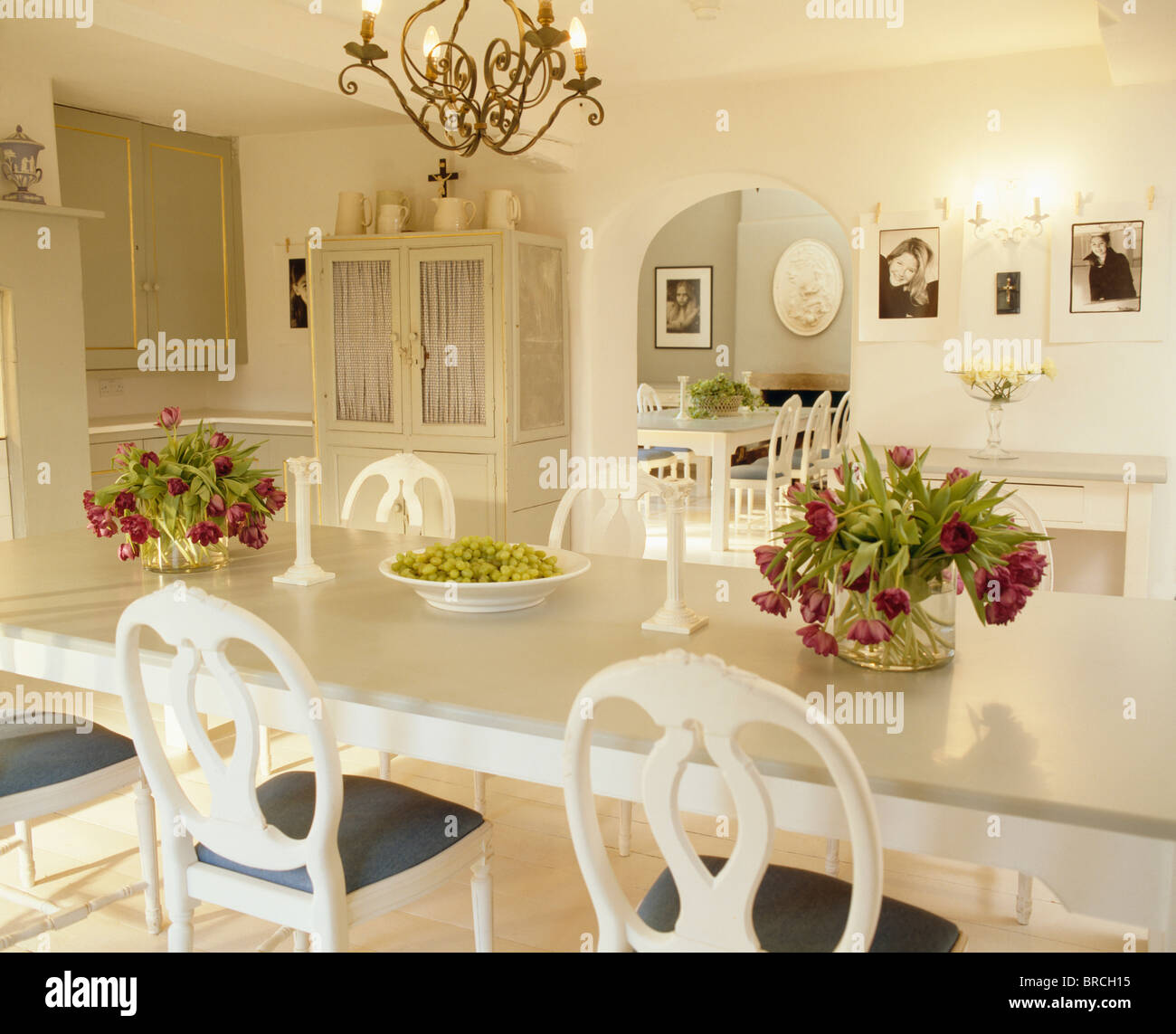 Tulipani rossi in vasi di vetro bianco sul tavolo con sedie bianche in bianco paese sala da pranzo dipinta in Farrow+vernice a sfera Foto Stock