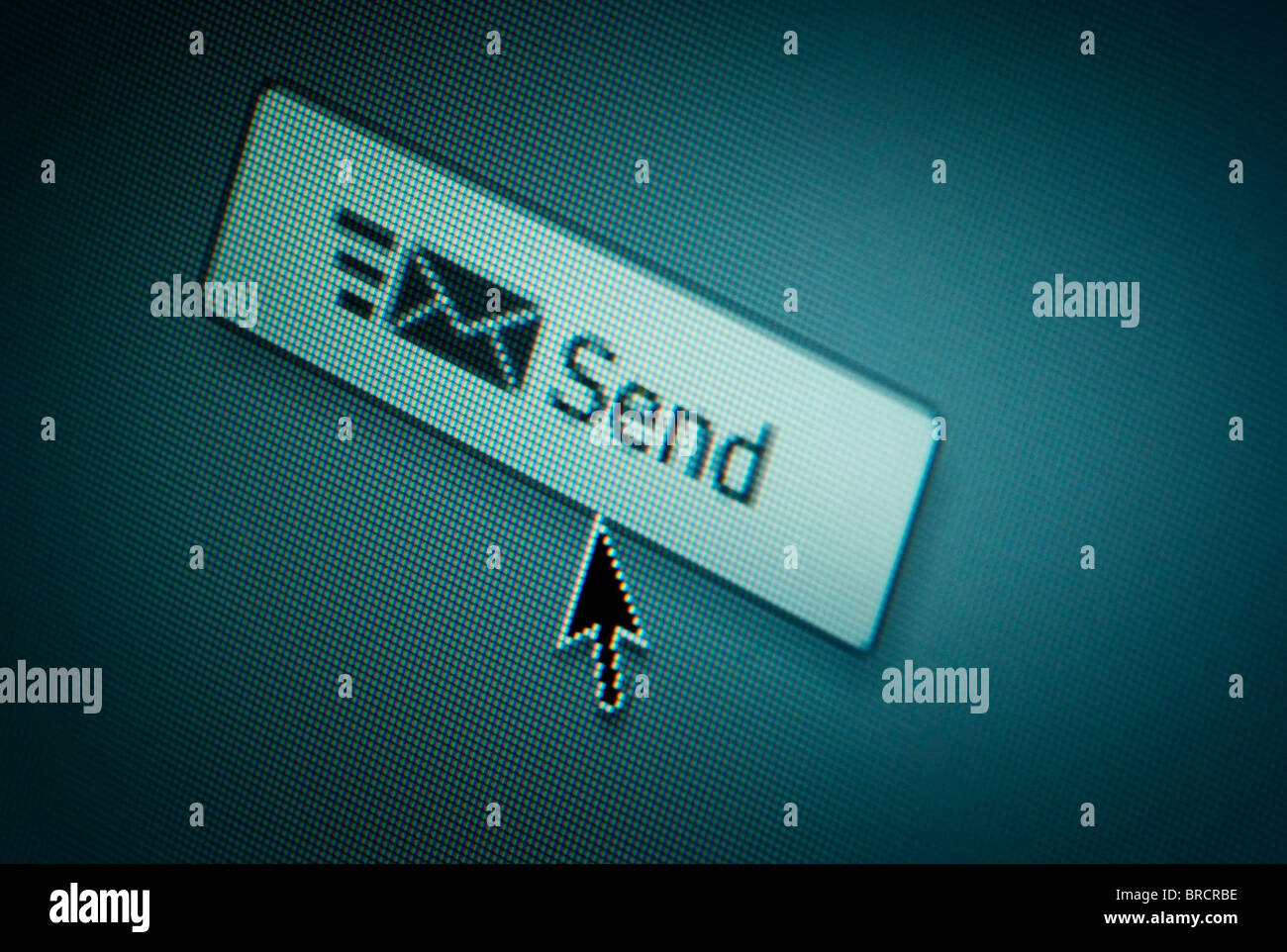 Close-up di un computer di interfaccia pulsante cerca e una freccia cursore del mouse Foto Stock