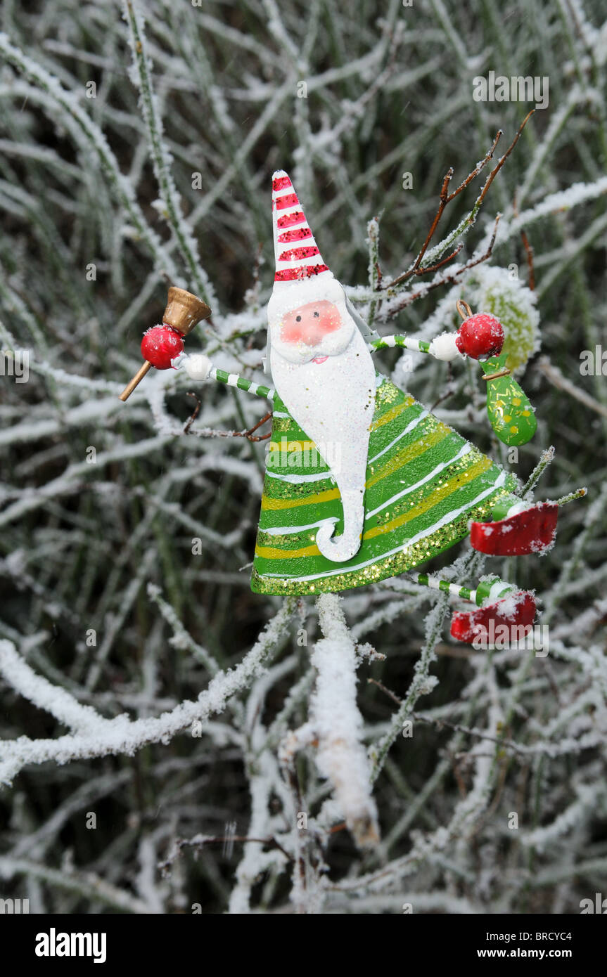 Una lattina di colore verde e rosso di allegro padre albero di natale decorazione seduta su un ramo di pupazzo di neve nel giardino di una suoneria handbell Foto Stock