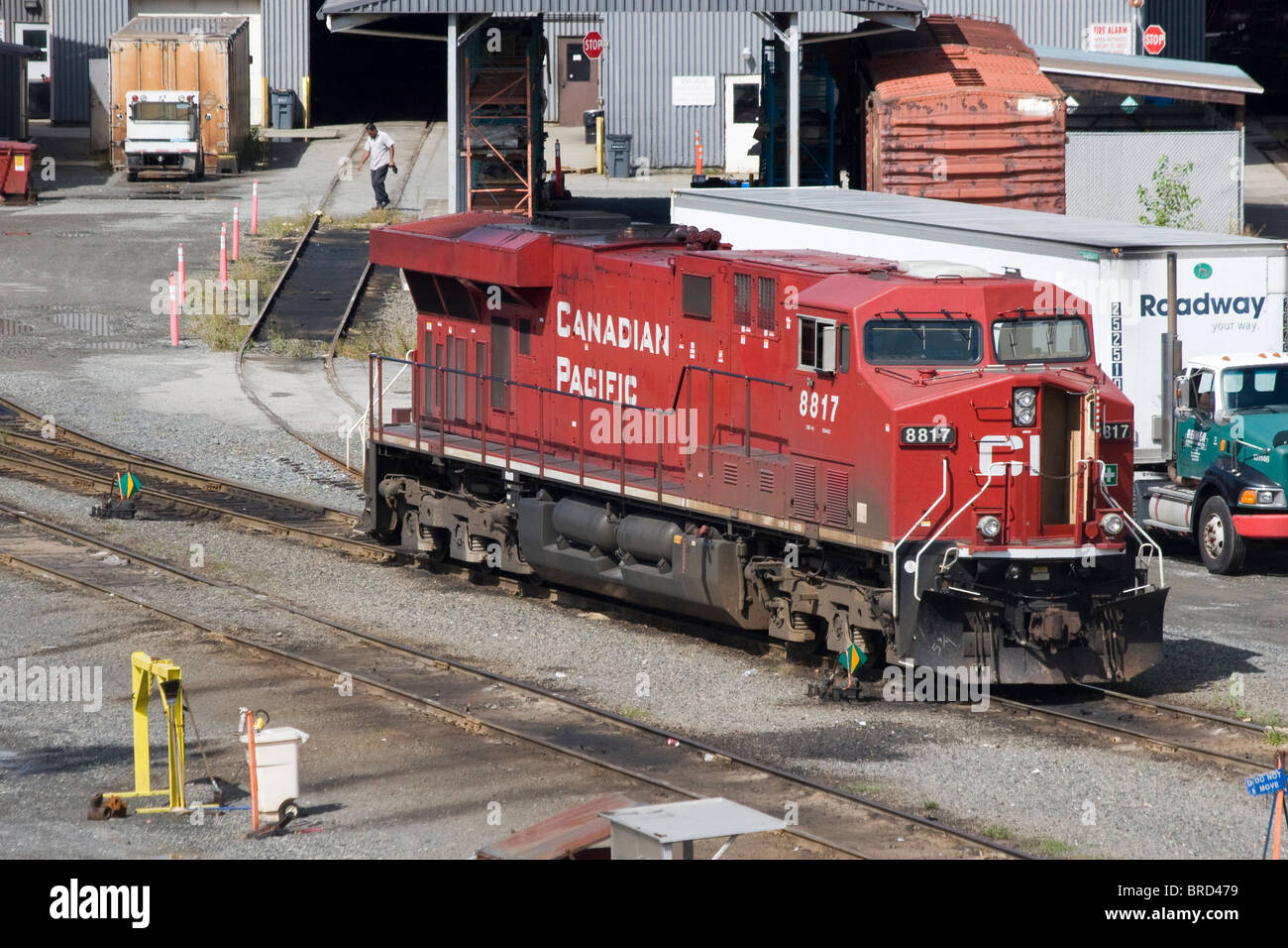 Canadian Pacific General Electric locomotiva diesel nella rampa cantiere in Port Coquitlam Vancouver BC British Columbia Canada Foto Stock