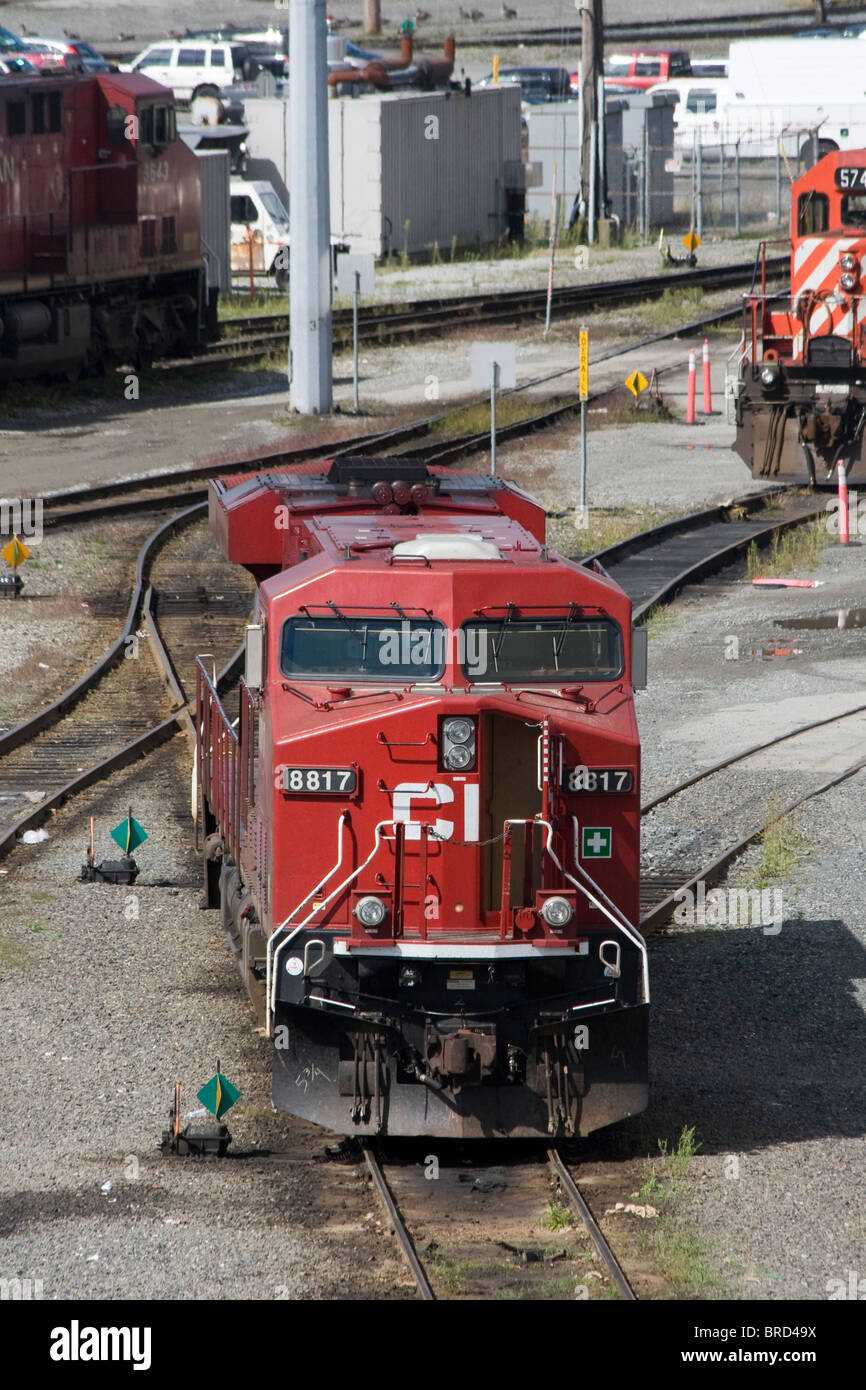 Canadian Pacific General Electric locomotiva diesel nella rampa cantiere in Port Coquitlam Vancouver BC British Columbia Canada Foto Stock