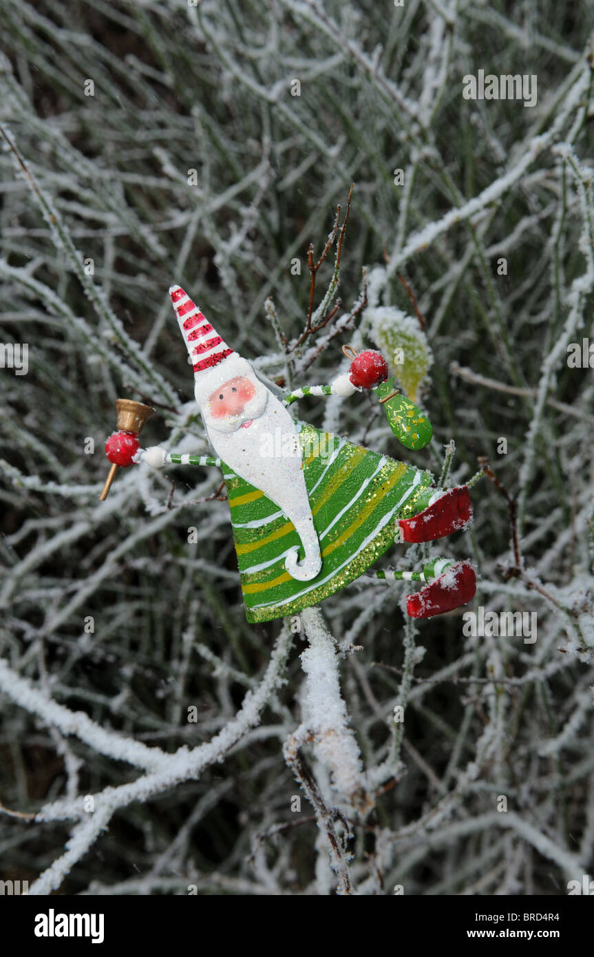 Una lattina di colore verde e rosso di allegro padre albero di natale decorazione seduta su un ramo di pupazzo di neve nel giardino di una suoneria handbell Foto Stock