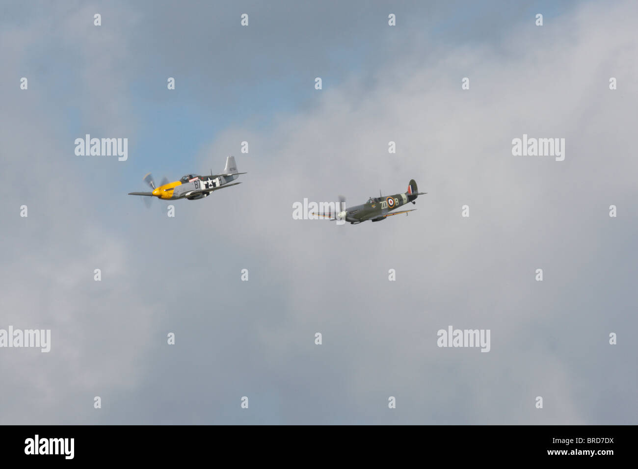 P51D Mustang feroce Frankie e un Mk IXB Supermarine Spitfire volare in formazione. Foto Stock