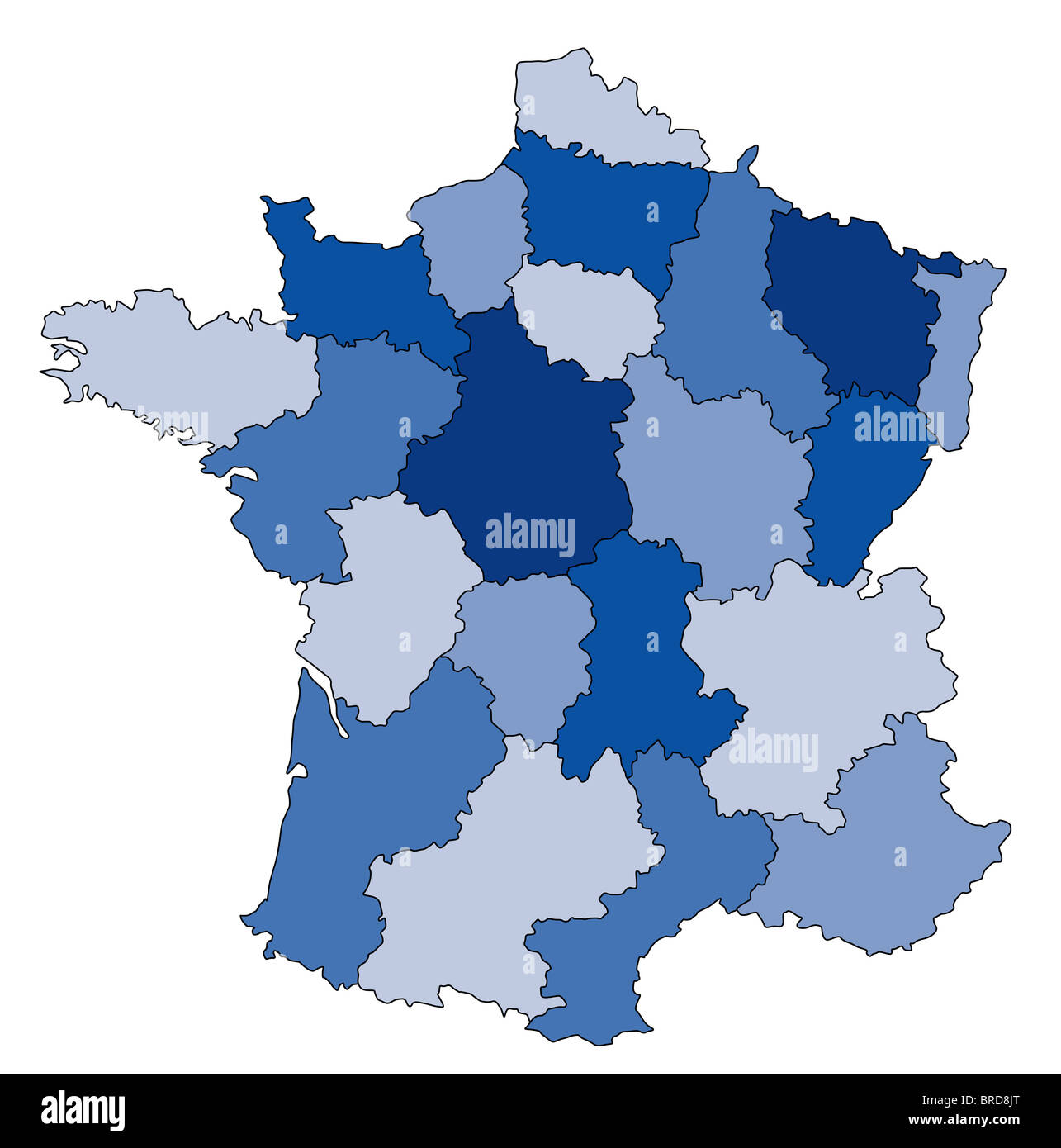 Un delineato mappa della Francia che mostra le diverse province. Tutti gli isolati su sfondo bianco Foto Stock