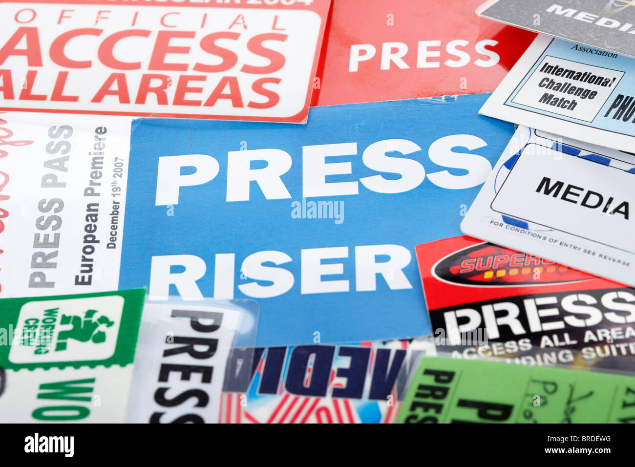 Una collezione di premere passa accesso a tutte le aree e l'accreditamento dei media per vari eventi Foto Stock