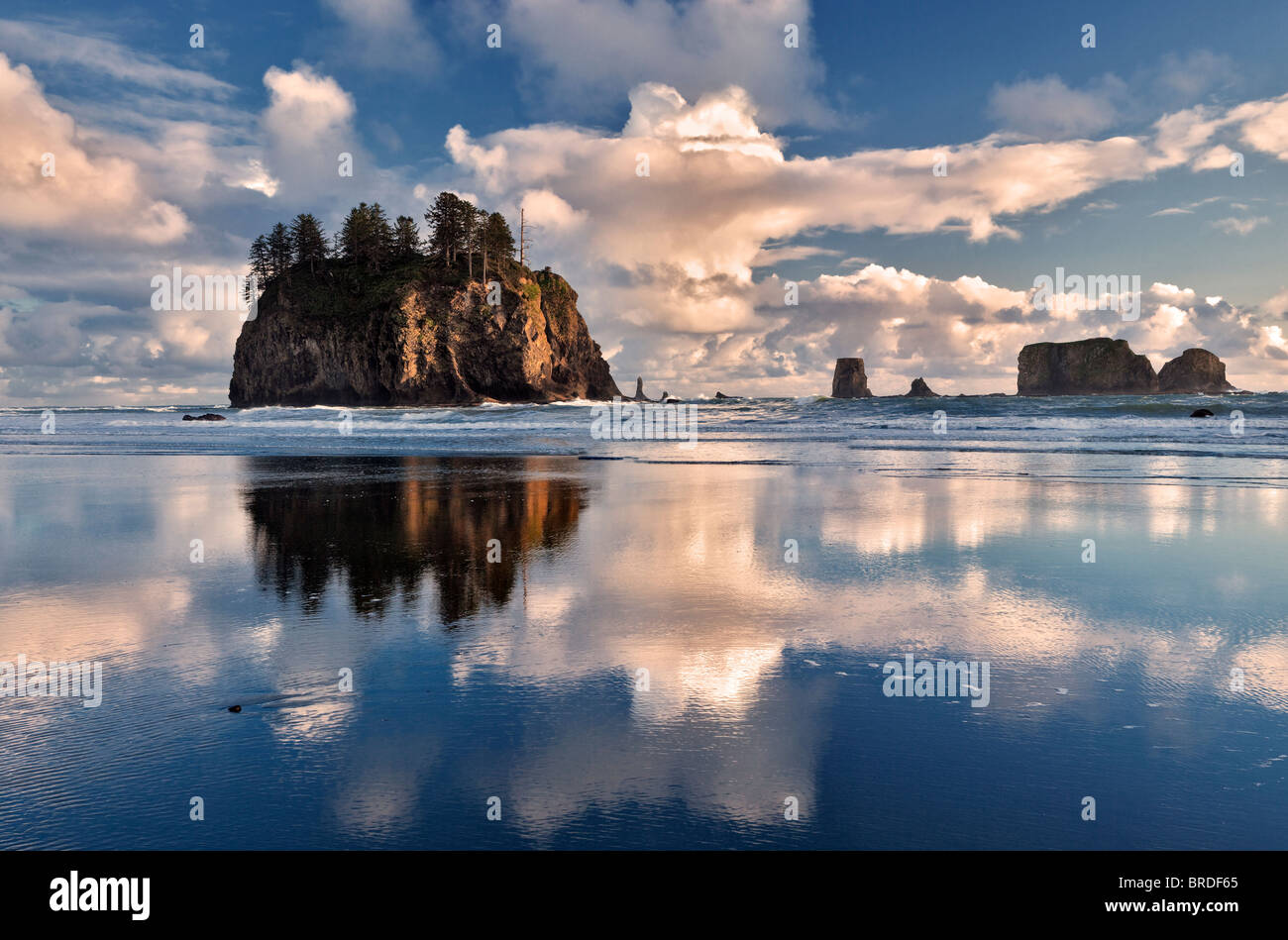 Seconda Spiaggia con le nuvole e di riflessione con la bassa marea. Il Parco nazionale di Olympic, Washington. Foto Stock
