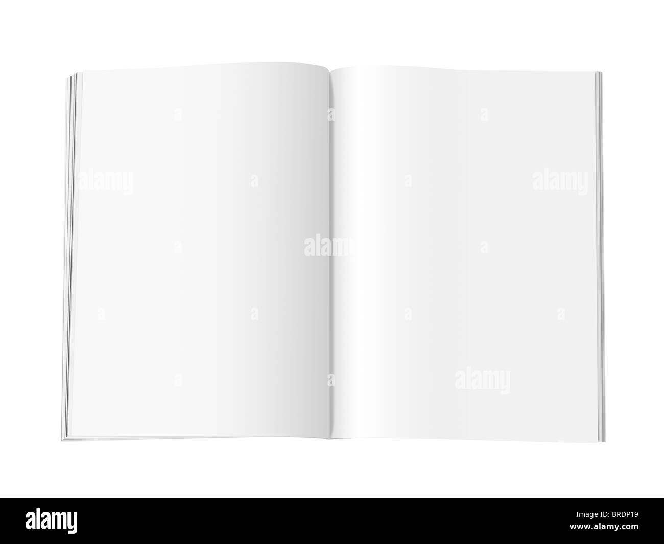 Magazzino vuoto con doppie pagine di diffusione, su sfondo bianco con ombre. Con percorso di clipping incluso Foto Stock