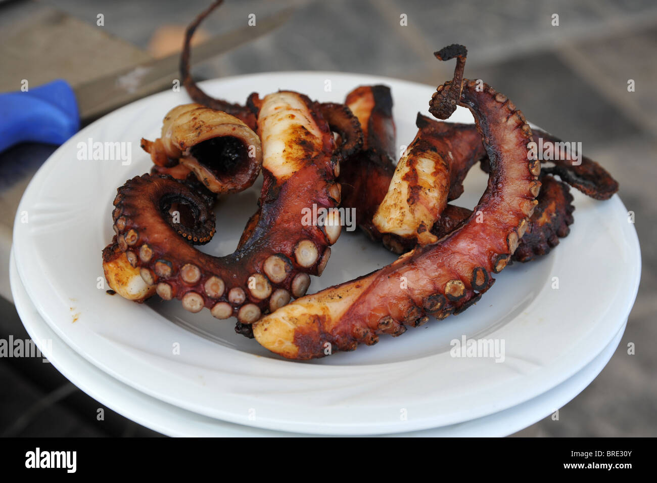 Grigliata di polpo fresco servito su una piastra bianca - il fuoco selettivo Foto Stock