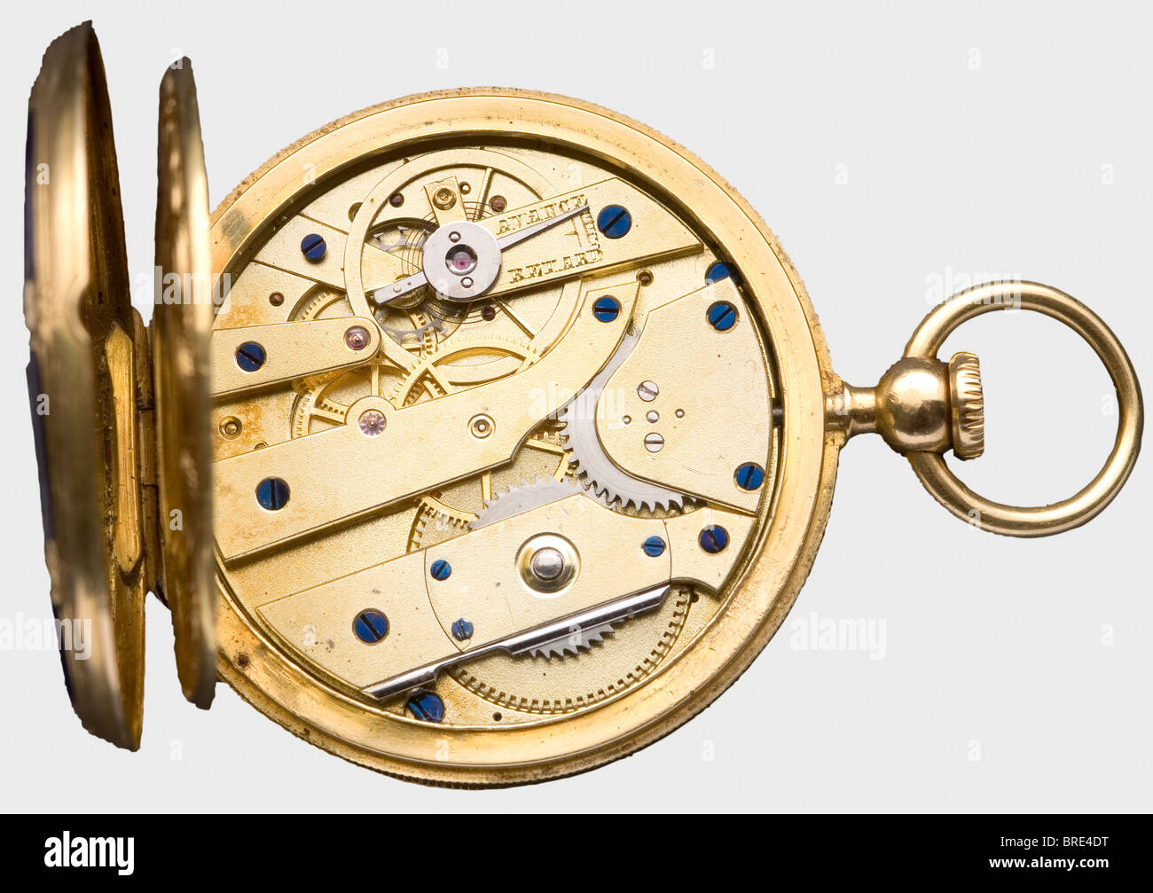 Un patek Philippe savonette personale, con la Madonna di Ostrabrama, 1850/52 Case e numero di fabbrica '4422'. oro 18 carati con smalto blu scuro su fondo ondulato arabescato. 38 diamanti, in taglio europeo antico (tre mancanti), a forma di bouquet floreale sulla copertina (segni di usura), e con sei diamanti, in taglio europeo antico (uno mancante) sulla copertina posteriore in un modello a stella. Firmato, 'Patek Philippe & Co à Genève' all'interno del coperchio anteriore. Quadrante in smalto bianco con numeri romani e lancette in acciaio alla brace Breguet. Funzionale, cilindro piatto funziona con blu, Foto Stock