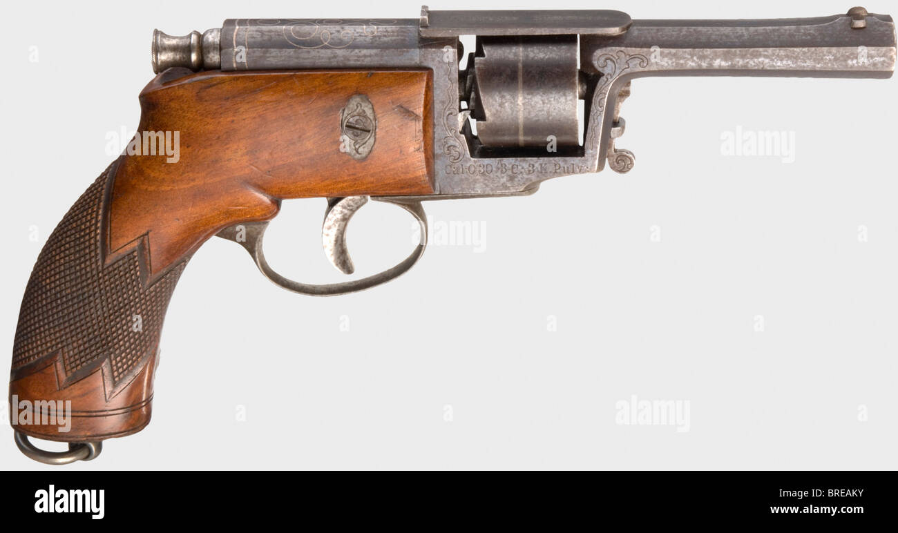 Un revolver ad ago, F.v. Dreyse, Sömmerda, circa 1860. Canna rigata ottagonale in cal..30. N. 11041. Cornice con incisione a vite. Manicotto dell'ago argentato. L'iscrizione del costruttore sulla parte superiore del telaio, il numero di serie sul lato sinistro e la designazione del calibro sulla destra. Impugnatura finemente a scacchi. Strofinato bluing. Parti metalliche leggermente macchiate. Ago rotto. Lunghezza 25 cm. Storico, storico, 19th secolo, pistola civile, pistole civili, palmari, armi da fuoco, armi da fuoco, armi da fuoco, armi da fuoco, armi da fuoco, armi, armi, armi, armi, oggetti, oggetti, alambicchi, clip, Foto Stock