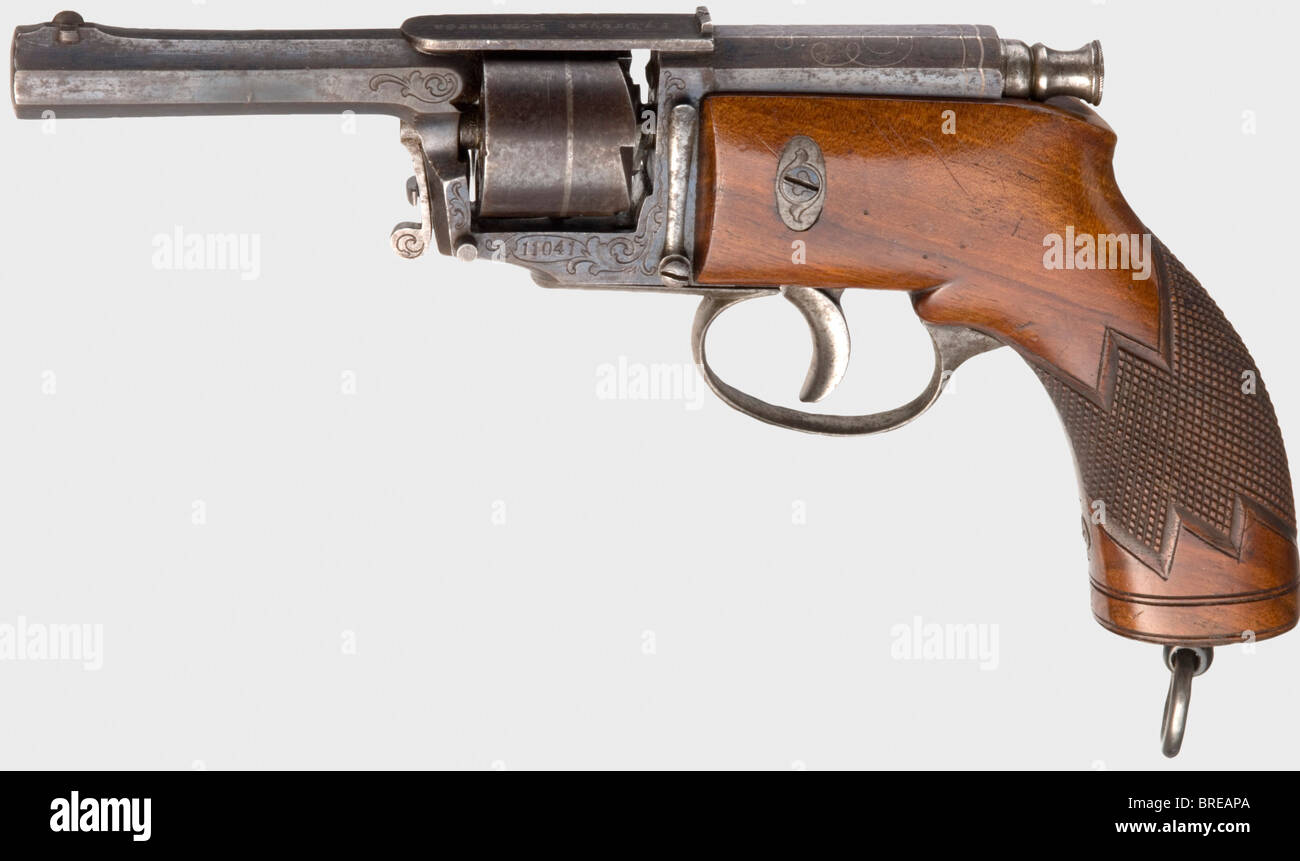 Un revolver ad ago, F.v. Dreyse, Sömmerda, circa 1860. Canna rigata ottagonale in cal..30. N. 11041. Cornice con incisione a vite. Manicotto dell'ago argentato. L'iscrizione del costruttore sulla parte superiore del telaio, il numero di serie sul lato sinistro e la designazione del calibro sulla destra. Impugnatura finemente a scacchi. Strofinato bluing. Parti metalliche leggermente macchiate. Ago rotto. Lunghezza 25 cm. Storico, storico, 19th secolo, pistola civile, pistole civili, palmari, armi da fuoco, armi da fuoco, armi da fuoco, armi da fuoco, armi da fuoco, armi, armi, armi, armi, oggetti, oggetti, alambicchi, clip, Foto Stock