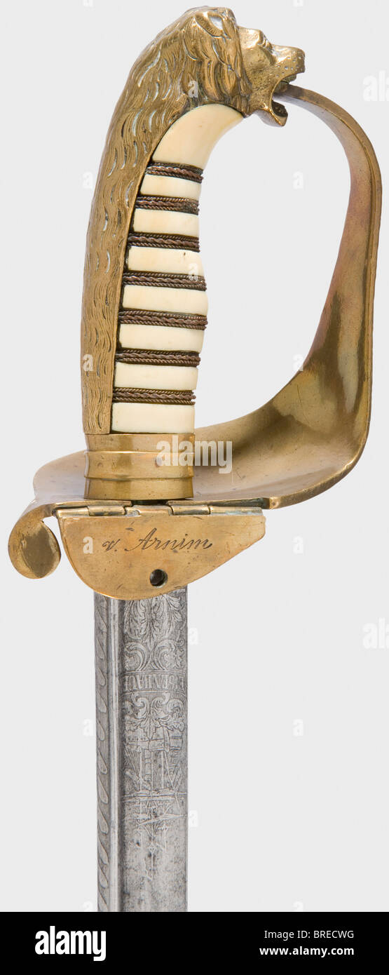 Volkmar von Arnim, aiutante-de-camp nell'entourage del Kaiser, una lama modello 1874 del ufficiale navale del saber Del Tubo-backed con i yellmen, acquaforte navale/floreale decorativa, 'Eisenhauer'. Ruggine della lama macchiata. Tombac hilt con testa di leone. Ancora uncoronato(!), come con il pattern prussiano. La testa del leone è nella forma speciale per 1874. Presa ossea con avvolgimento del filo. La firma 'v. Arnim' è inciso sulla piccola protezione laterale posteriore pieghevole. Lunghezza 92 cm. Scabbard in pelle con supporti in ottone. Cfr. Stefanski, «dies langen Offiziersseitenwaffen der deutschen Marine», pagina 47. Anche a, Foto Stock
