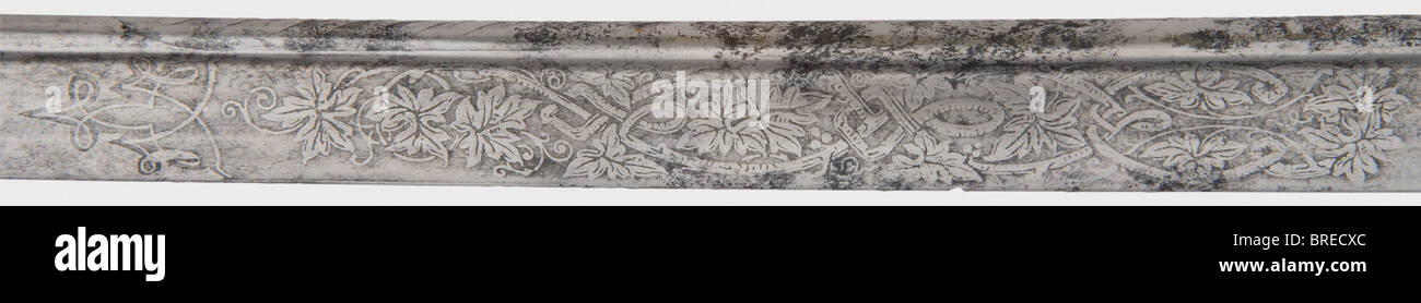 Volkmar von Arnim, aiutante-de-camp nell'entourage del Kaiser, una lama modello 1874 del ufficiale navale del saber Del Tubo-backed con i yellmen, acquaforte navale/floreale decorativa, 'Eisenhauer'. Ruggine della lama macchiata. Tombac hilt con testa di leone. Ancora uncoronato(!), come con il pattern prussiano. La testa del leone è nella forma speciale per 1874. Presa ossea con avvolgimento del filo. La firma 'v. Arnim' è inciso sulla piccola protezione laterale posteriore pieghevole. Lunghezza 92 cm. Scabbard in pelle con supporti in ottone. Cfr. Stefanski, «dies langen Offiziersseitenwaffen der deutschen Marine», pagina 47. Anche a, Foto Stock