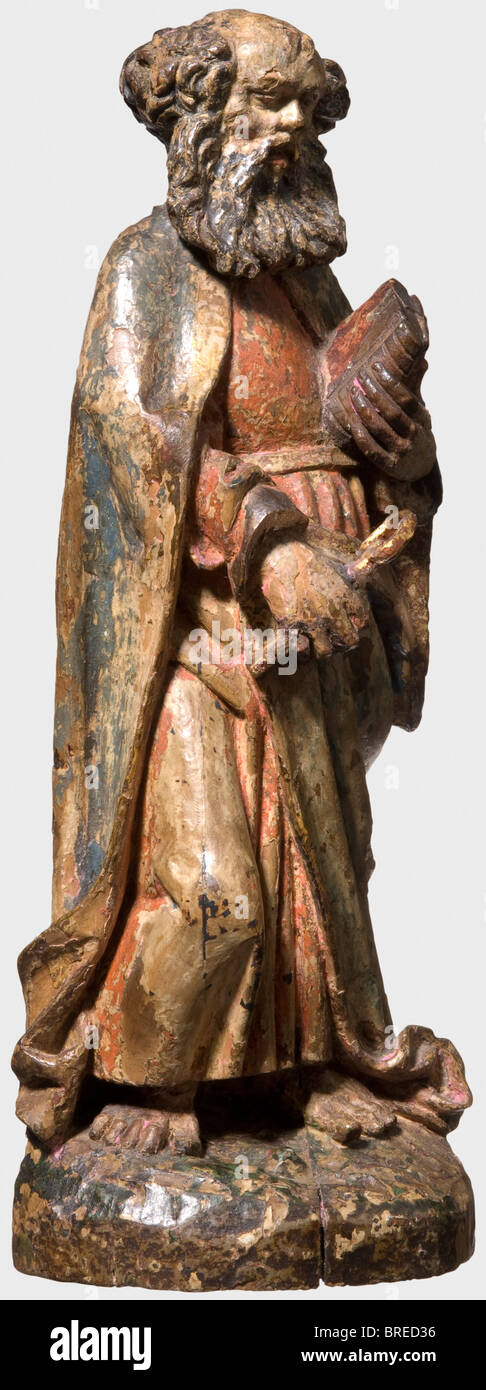 Un dipinto di lindenwood la figura di San Pietro, Franconia, ca. 1520 Il santo barbuto integrale su base sagomata, rivestita di un mantello blu oltre il mantello rosso. Nella mano destra una chiave, nella sinistra un libro. Sul lato posteriore di un anello di ferro mobile collegata ad un pad occhio. Piccole riparazioni sulle dita del piede destro, la manica destra cucitura, le dita e il libro nella mano sinistra. Altezza 31,5 cm. Provenienza: dal rinomato V.J. Raccolta Mayering a Norimberga, venduti all'asta da Fischer/Lucerna nel novembre 1976. Prima di questa parte della collezione Wohlbold, Norimberga. f, artista del diritto d'autore non deve essere cancellata Foto Stock