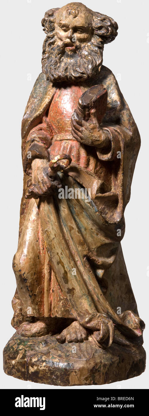 Un dipinto di lindenwood la figura di San Pietro, Franconia, ca. 1520 Il santo barbuto integrale su base sagomata, rivestita di un mantello blu oltre il mantello rosso. Nella mano destra una chiave, nella sinistra un libro. Sul lato posteriore di un anello di ferro mobile collegata ad un pad occhio. Piccole riparazioni sulle dita del piede destro, la manica destra cucitura, le dita e il libro nella mano sinistra. Altezza 31,5 cm. Provenienza: dal rinomato V.J. Raccolta Mayering a Norimberga, venduti all'asta da Fischer/Lucerna nel novembre 1976. Prima di questa parte della collezione Wohlbold, Norimberga. f, artista del diritto d'autore non deve essere cancellata Foto Stock