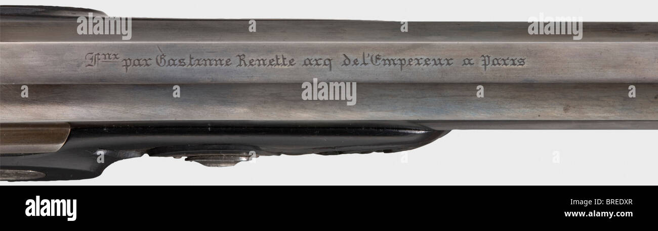 Un bel paio di pistole a percussione, Gastinne Renette, Parigi, circa 1850. Canne ottagonali, fori finemente rigati in calibro 10 mm con brache brevettuali e punti di vista in ferro. Sulle cime del barile la firma incisa 'par Gastinne Rennete arq del'Empereur a Paris'. Tanghi numerati rispettivamente '1' e '2'. Serrature a percussione cesellate con motivi floreali e mobili in ferro. Stock di ebano scolpiti con frondosa decorazione della vite in rilievo. Lunghezza di ogni 42 cm. In una cassa di legno rivestita di velluto con accessori completi. Dimensioni 46,5 x 25 x 7 cm. Gastinne Renette, Parigi, Menti, Foto Stock Un bel paio di pistole a percussione, Gastinne Renette, Parigi, circa 1850. Canne ottagonali, fori finemente rigati in calibro 10 mm con brache brevettuali e punti di vista in ferro. Sulle cime del barile la firma incisa 'par Gastinne Rennete arq del'Empereur a Paris'. Tanghi numerati rispettivamente '1' e '2'. Serrature a percussione cesellate con motivi floreali e mobili in ferro. Stock di ebano scolpiti con frondosa decorazione della vite in rilievo. Lunghezza di ogni 42 cm. In una cassa di legno rivestita di velluto con accessori completi. Dimensioni 46,5 x 25 x 7 cm. Gastinne Renette, Parigi, Menti, Foto Stock