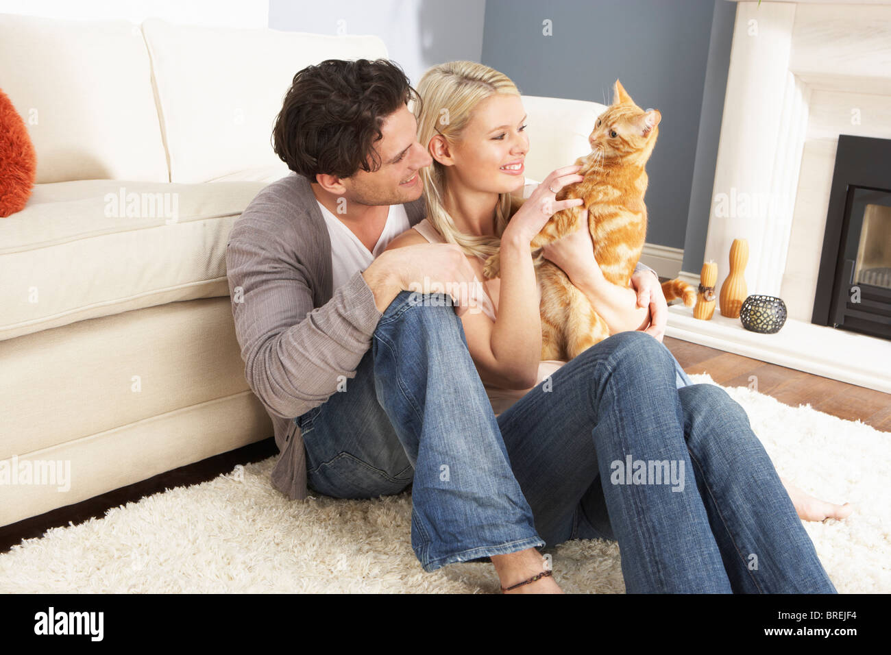 Paio di prendere giocando con il gatto di casa in casa Foto Stock