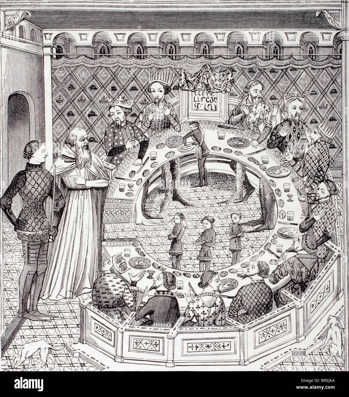 Re Artù e i cavalieri della tavola rotonda, dopo un secolo XIV miniatura. Foto Stock