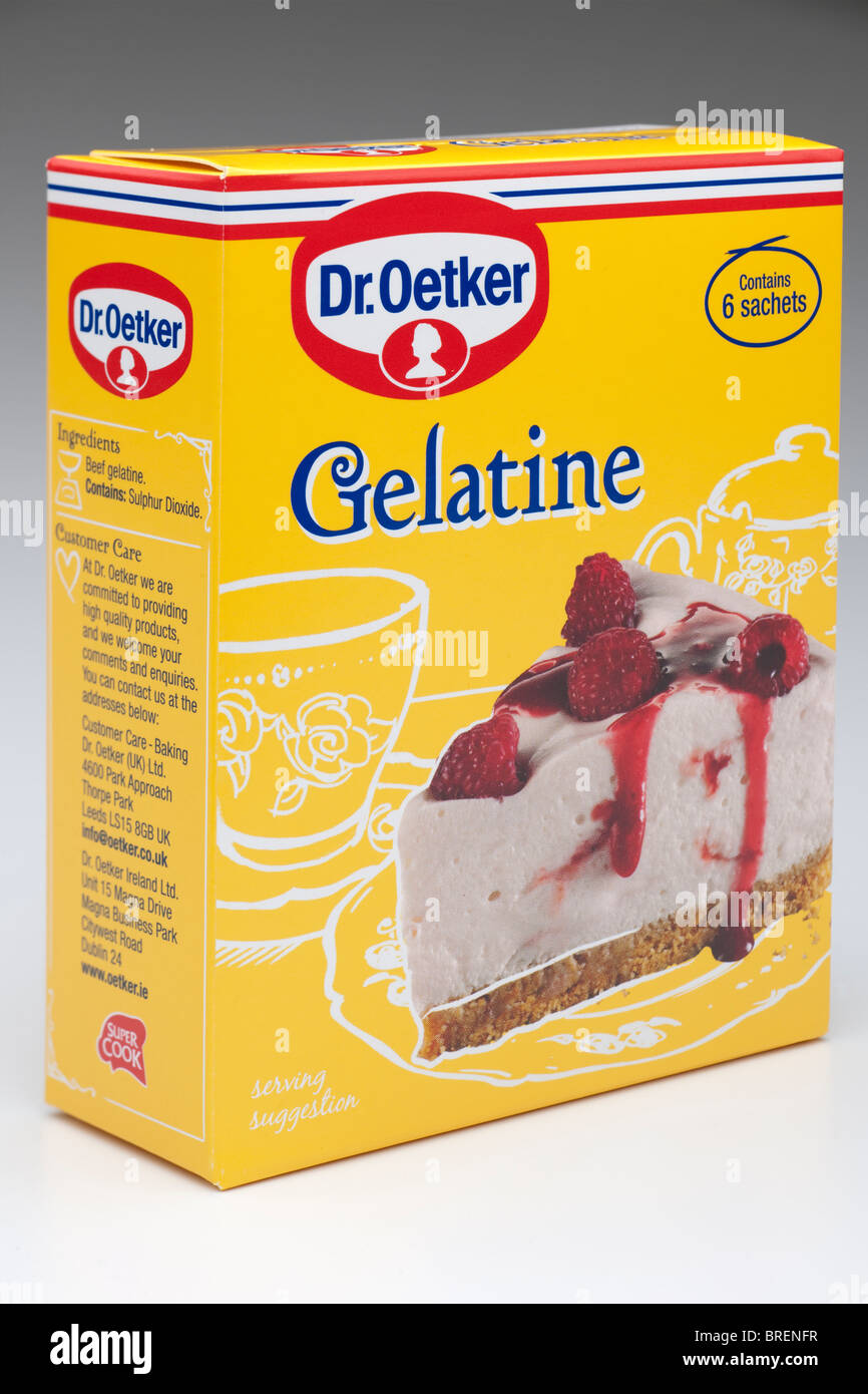 Giallo scatola di cartone di Dr.Oetker sei bustine di gelatina la gelatina. Foto Stock
