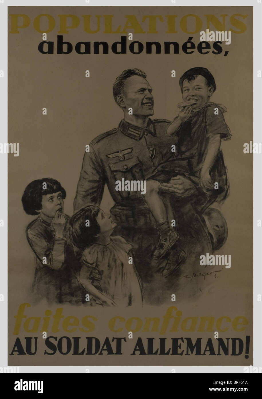 Affiches, affiche en noir et blanc 'Popolazioni abandonnées, faites confidance au soldat allemand', taille 1,23 x 0,90, encradrée et entoilée. Légendaire affiche figurant les premières semaines de l'occupazione en 1940. Signée par TH.MATEJKO., , Foto Stock