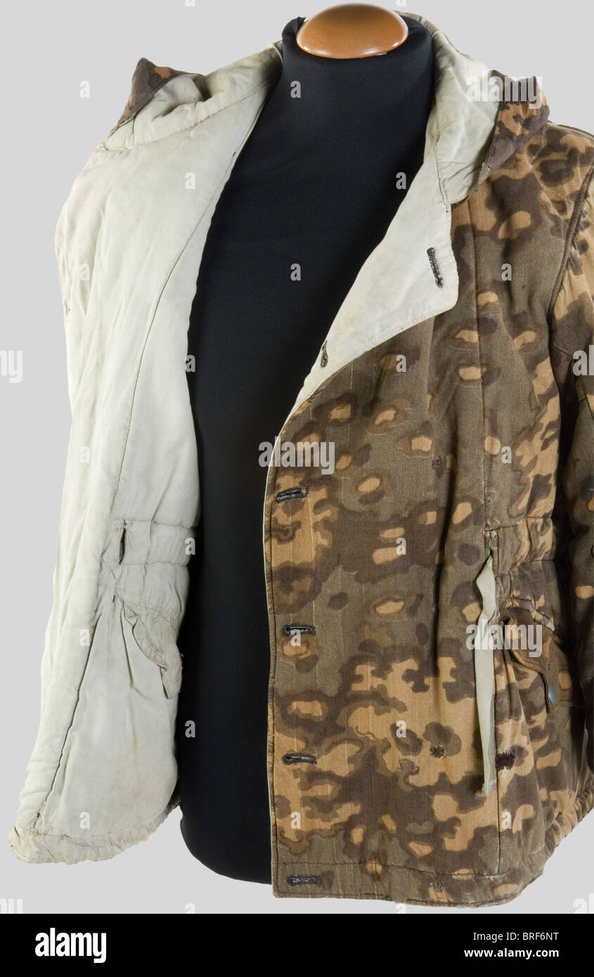 Schutzstaffel, Parka camouflé Waffen SS, camouflage dit 'Feuilles de chêne', réversible blanc. Pièce portée et assez réparée., , Foto Stock