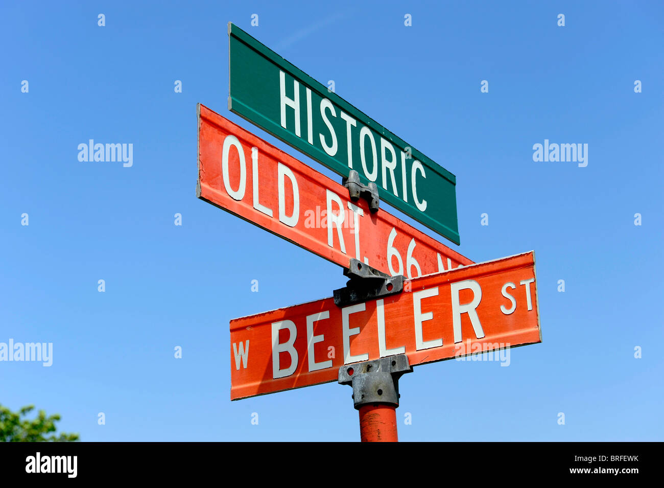 Segnaletica stradale lungo la Route 66 Litchfield Illinois Foto Stock