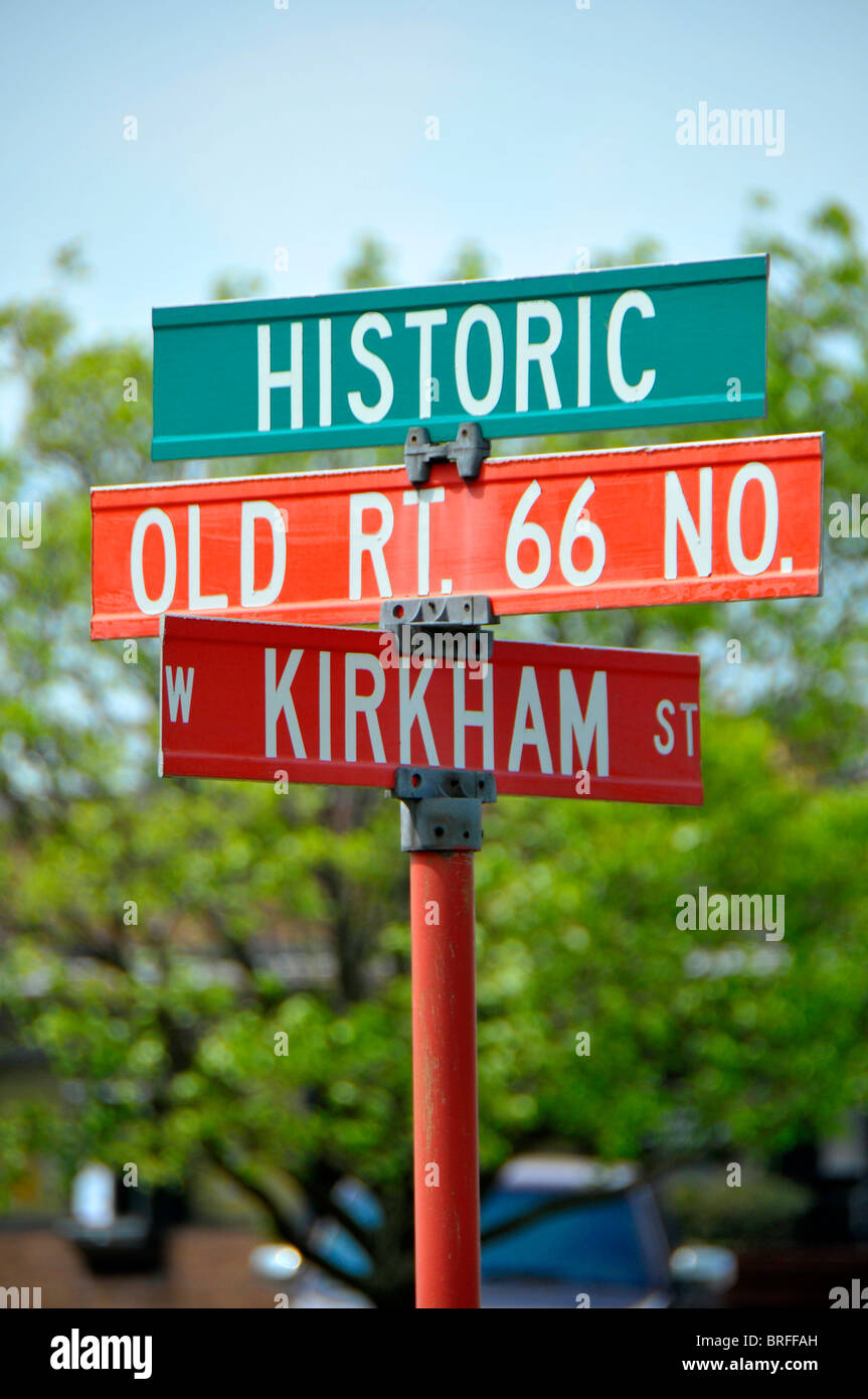 Segnaletica stradale lungo la Route 66 Litchfield Illinois Foto Stock