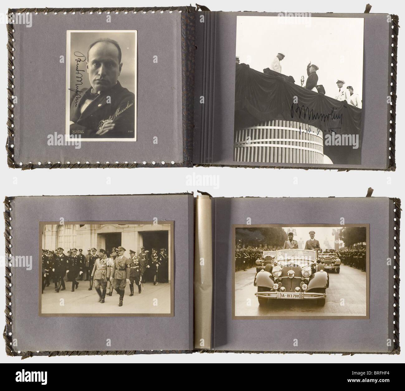 Hermine Hoffmann - un album fotografico Mussolini e Hitler.,sessantatre foto,cartoline parzialmente fotografiche o foto della stampa,tra queste una cartolina ritratto molto presto firmata di Mussolini(ca. 1910) con la sua firma completa 'Benito Mussolini' in inchiostro e una fotografia firmata 'B. Mussolini 9.10.31-IX', Mussolini alla scrivania di un oratore. Foto del soggiorno di Mussolini in Germania (con Hitler), Mussolini in visita al papa, in cappotto e cappellino, ritratto precoce in uniforme come Bersaglieri nella prima guerra mondiale, dalla falcea dopo il suo mortaio nel 1917, a bordo di un vapore, diritti aggiuntivi-clearences-non disponibile Foto Stock