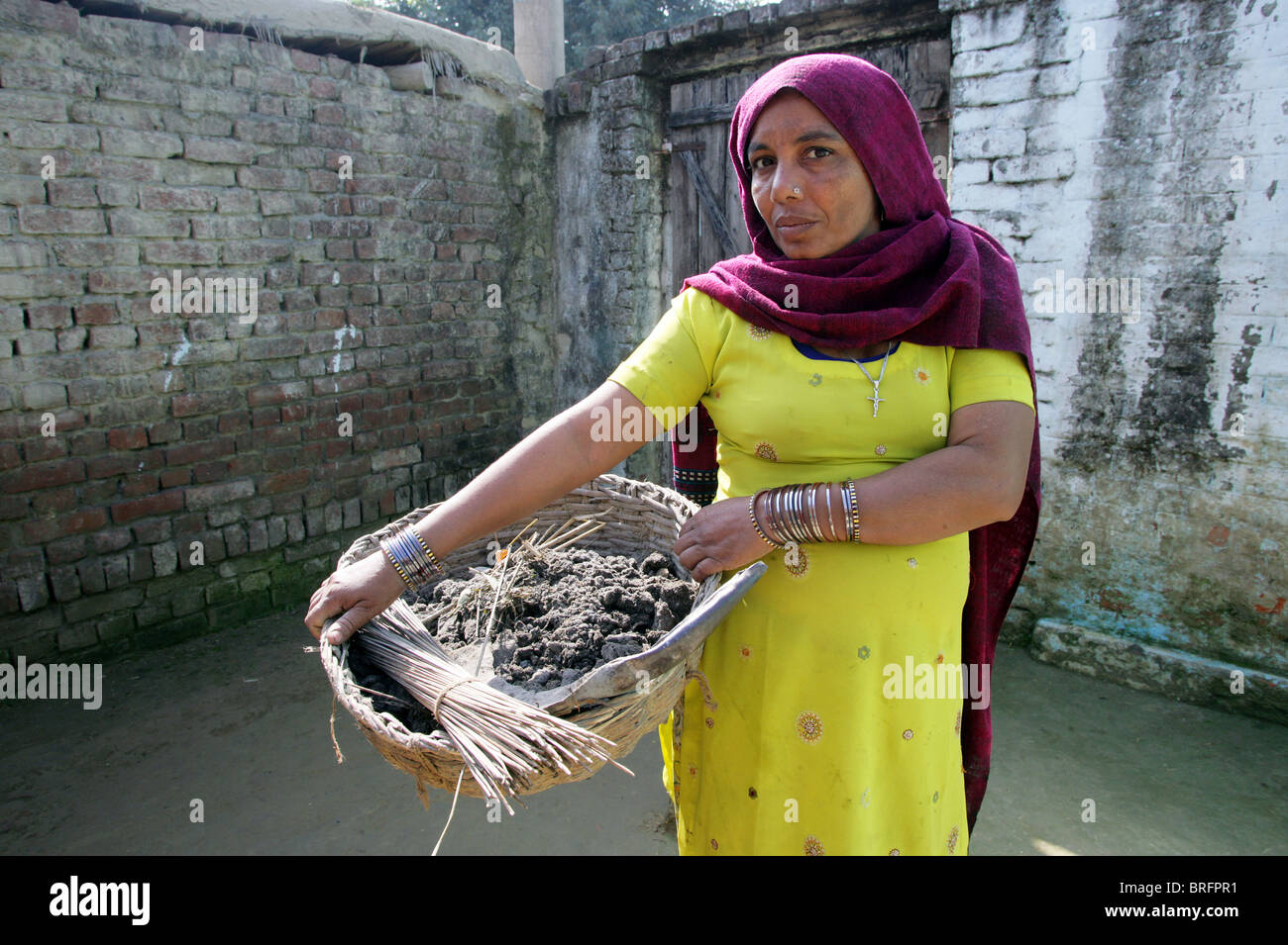 Dalit donna dal cast di gli intoccabili lavorando come scavangers, pulizia deiezioni umane. Uttar Pradesh, India Foto Stock