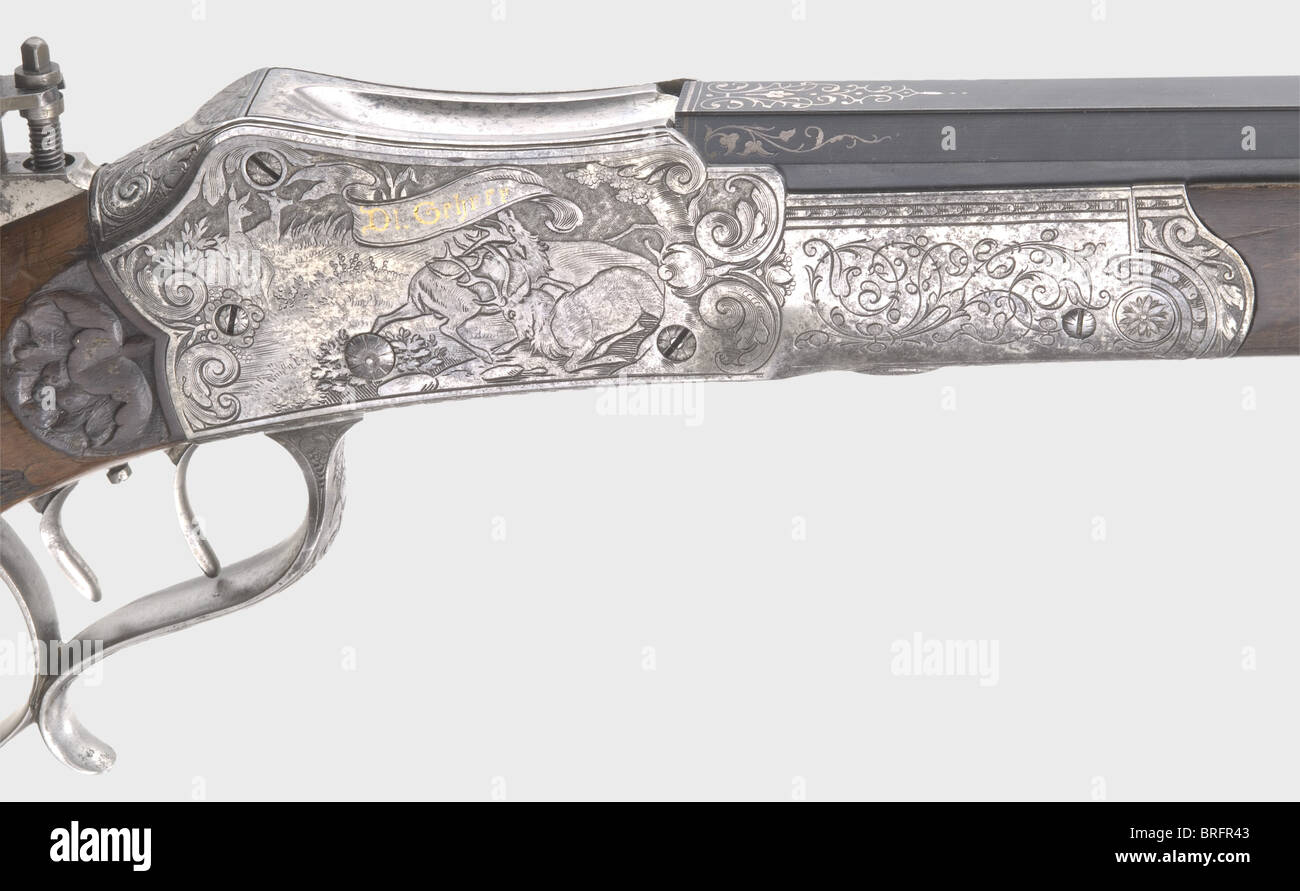 Un fucile da tiro con l'otturatore, azione Martini. Henry Hatt, Aussersihl vicino a Zürich, circa 1880. Calibro 8.15 x 46 R. numero DA 4374. Cilindro ottagonale,con la metà anteriore scanalata. Segni di corrosione leggeri circa 10 cm dietro il musetto. Foro mirrorlike. La firma,'Henri Hatt,Aussersihl b/Zürich', è intarsiata in argento sulla parte superiore della canna, e ci sono arabeschi finemente intarsiati alla fine della birreria. Il ricevitore è finemente inciso e tagliato con scene di caccia e reca l'iscrizione oro intarsiato,' DL. Gehrer - Frauenfeld, Schweit 'trigger set. i regolabile, diritti aggiuntivi-clearences-non disponibile Foto Stock Un fucile da tiro con l'otturatore, azione Martini. Henry Hatt, Aussersihl vicino a Zürich, circa 1880. Calibro 8.15 x 46 R. numero DA 4374. Cilindro ottagonale,con la metà anteriore scanalata. Segni di corrosione leggeri circa 10 cm dietro il musetto. Foro mirrorlike. La firma,'Henri Hatt,Aussersihl b/Zürich', è intarsiata in argento sulla parte superiore della canna, e ci sono arabeschi finemente intarsiati alla fine della birreria. Il ricevitore è finemente inciso e tagliato con scene di caccia e reca l'iscrizione oro intarsiato,' DL. Gehrer - Frauenfeld, Schweit 'trigger set. i regolabile, diritti aggiuntivi-clearences-non disponibile Foto Stock